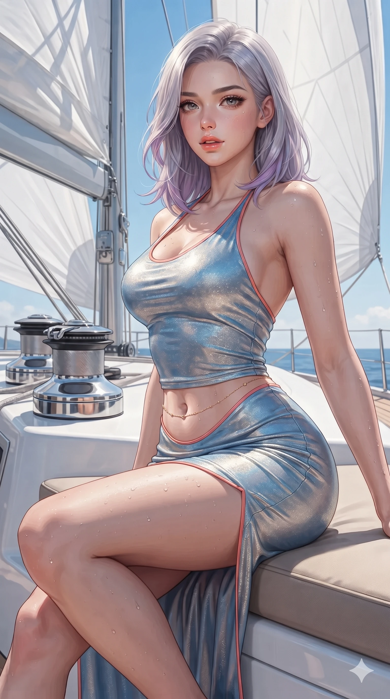 score_9, masterpiece, best quality, ultra-detailed, high-budget anime keyframe, editorial fashion photography, tasteful artistic composition, Caucasian woman. close-up cowboy shot from the waist and thighs up, the character dominates the composition, filling the frame with her large presence. perched sideways on the lounge seat, one knee drawn up to showcase her slender leg line while her arched back accentuates her feminine hip curve while twisting her slender torso in an alluring contrapposto stance beside the polished titanium halyard winches, billowing white spinnaker sails casting soft dynamic shadows across her curves. The surrounding environment is rendered in vivid detail and crisp panoramic clarity: detailed second-skin sailing bodysuit texture, salt-spray droplets on skin, and modern naval architecture in high resolution. She has an exceptionally elegant, slender, and willowy female figure with an ultra-slim waist, flat toned midriff, narrow ribcage, and sculpted feminine hips creating an alluring, slim hourglass silhouette without bulk. sharp v-shaped jawline, high-bridge nose, sparkling eyes with hypnotic seductive depth, thick curled eyelashes, glossy parted lips with a natural dewy peach sheen, alluring bedroom-eyes with an enchanting coquettish smile, exuding magnetic siren charisma and sophisticated glamour, flawlessly proportioned anatomical accuracy, strict slender model proportions, natural body alignment, perfectly sculpted long slender limbs, ultra-slim waistline, clean dynamic posture without body distortion. wearing a form-fitting liquid mercury jersey halter dress clinging smoothly to her narrow waist and rounded hips in Mediterranean cerulean blue and optic white with coral trims, woven from stretch metallic lurex jersey casting radiant starlight glints across her silhouette, accented with a dainty gold belly chain resting across her flat midriff and curving hips, the liquid-tight tailored fabric clinging flawlessly to her narrow waist and rounded feminine hips, emphasizing every millimeter of her sculpted slim hourglass curves without any bulky heaviness. bathed in intense, brilliant 3400K maritime sunlight reflecting off open Mediterranean waters and crisp white sails. ultra-reflective glossy finish, specular highlights, rich textural contrasts, high-contrast stereoscopic depth, volumetric dynamic lighting, 2k, ultra detail, master piece, 9:16 ratio