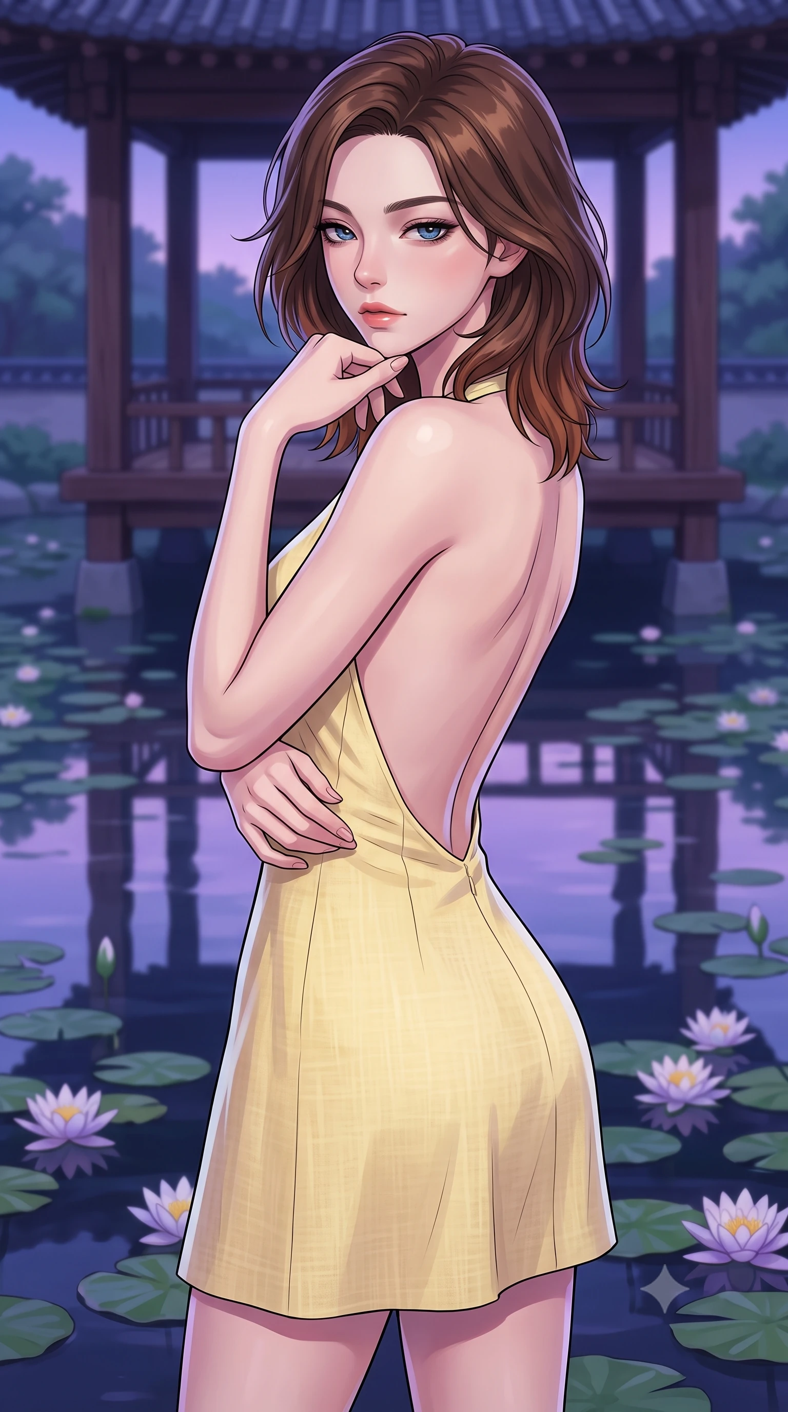 score_9, masterpiece, best quality, ultra-detailed, high-budget anime keyframe, tasteful artistic composition, Korean woman. close-up cowboy shot from the waist and thighs up, the character dominates the composition, filling the frame with her large presence, background elements kept in soft focus. resting her chin on the backs of her fingers, casting a heavy-lidded, sultry look past the camera the background shows a soft-focus an old wooden pavilion overlooking a calm pond filled with blooming water lilies. She has an exceptionally elegant, slender, and willowy female figure with an ultra-slim waist, a gracefully sculpted slender torso, and a refined silhouette. sharp v-shaped jawline, high-bridge nose, intricate jewel-like eyes with depth, thick eyelashes, glossy lips with a natural sheen. wearing a tailored backless summer sundress in pale yellow linen, showing her elegant shoulder blades. the serene purple and blue hues of twilight reflecting on the still water. highly saturated vibrant anime colors, cel-shading, 2d style, master piece, 9:16 ratio
