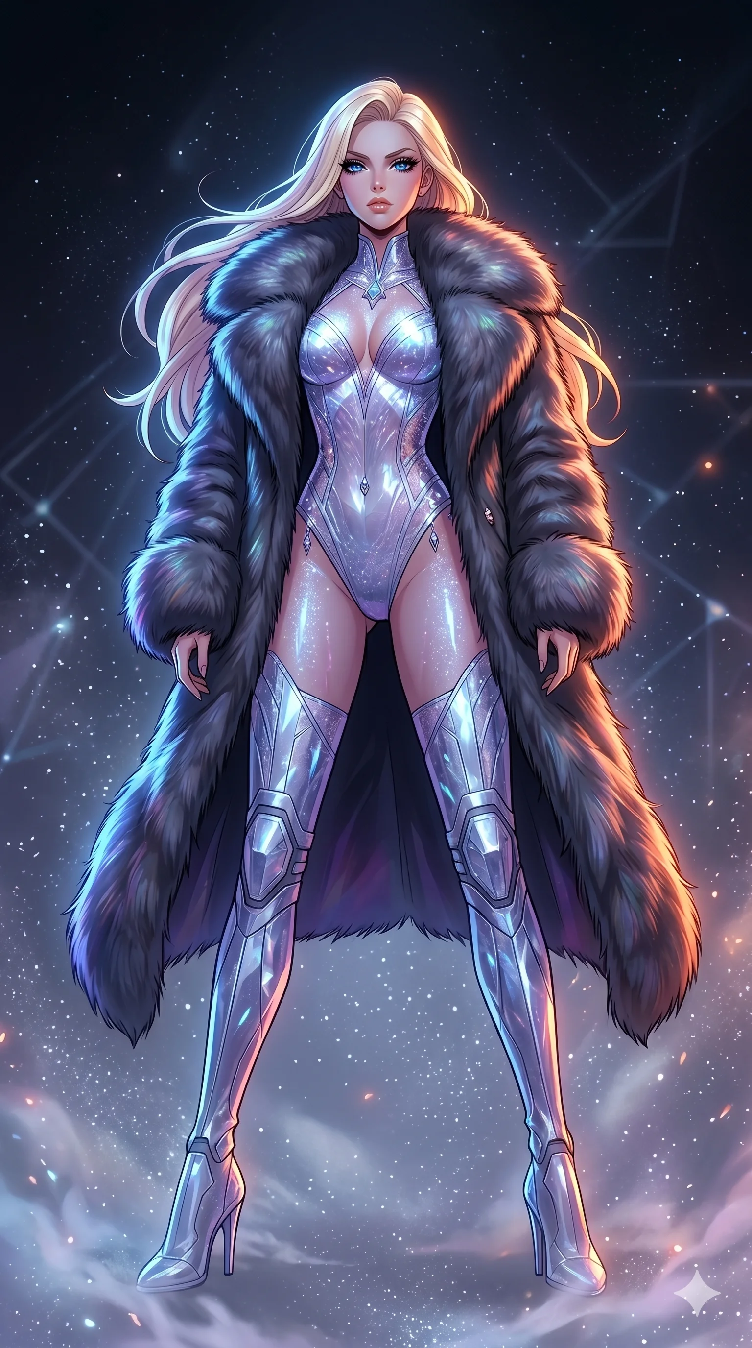 score_9, masterpiece, best quality, ultra-detailed, high-budget anime movie keyframe, cinematic anime lighting, intricate line art, Caucasian (strictly human ears) woman. Low angle cowboy shot filling the entire 9:16 frame with her statuesque presence. standing victoriously in a minimalist digital void in a mist of stardust. She has an absolutely perfect 8-heads proportion, an exceptionally tall and slender female figure with an ultra-slim waist and impossibly long slender legs. sharp v-shaped jawline, high-bridge nose, intricate jewel-like eyes, thick eyelashes, glossy lips. Wearing seasonal winter-couture featuring a plush oversized faux-fur coat worn over a skin-tight crystalline leotard and thigh-high stiletto boots. The scene is illuminated by dramatic atmospheric lighting and vibrant color palettes. , 2k, ultra detail, master piece, 9:16 ratio