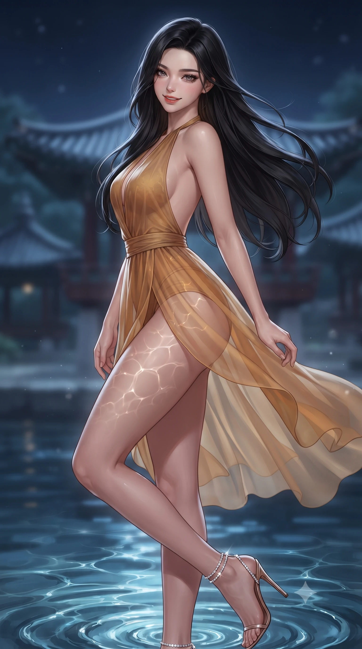 score_9, masterpiece, best quality, ultra-detailed, high-budget anime keyframe, editorial fashion photography, tasteful artistic composition, Korean woman. close-up cowboy shot from the waist and thighs up, the character dominates the composition, filling the frame with her large presence. turning slowly with an enchanting smoldering smile, her glossy hair tossing in the breeze as her hips angle gracefully in a captivating contrapposto while twisting her slender torso in an alluring S-curve, water rippling below casting liquid reflections over her flat midriff and hips. The background shows a soft-focus curved pavilion roofs in the distance softened in dreamy nocturnal landscape shallow focus. She has an exceptionally elegant, slender, and willowy female figure with an ultra-slim waist, flat toned midriff, narrow ribcage, and sculpted feminine hips creating an alluring, slim hourglass silhouette without bulk. sharp v-shaped jawline, high-bridge nose, sparkling eyes with hypnotic seductive depth, thick curled eyelashes, glossy parted lips with a natural dewy peach sheen, alluring bedroom-eyes with an enchanting coquettish smile, exuding magnetic siren charisma and sophisticated glamour, flawlessly proportioned anatomical accuracy, strict slender model proportions, natural body alignment, perfectly sculpted long slender limbs, ultra-slim waistline, clean dynamic posture without body distortion. wearing a liquid-tight backless silk halter leotard styled with a sheer wrap overskirt revealing her long slender legs and hip curve in warm amber honey and antique gold leaf, made of sheer gossamer chiffon that drapes softly against skin with airy translucence, complemented by strappy stiletto sandals with crystal ankle wraps accentuating her slender calves, the glove-like clinging cut tightly following the natural contour of her hips and long slender legs with youthful 8.5-heads elegance. illuminated by aquatic reflection bounce and sharp silvery rim lighting defining her razor-sharp jawline, narrow waist, and curvy hips. ultra-reflective glossy finish, specular highlights, rich textural contrasts, high-contrast stereoscopic depth, volumetric dynamic lighting, 2k, ultra detail, master piece, 9:16 ratio