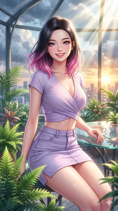 score_9, masterpiece, best quality, ultra-detailed, high-budget anime keyframe, vibrant anime aesthetic, Korean woman. close-up cowboy shot from the waist and thighs up, the character dominates the composition, filling the frame with her large presen