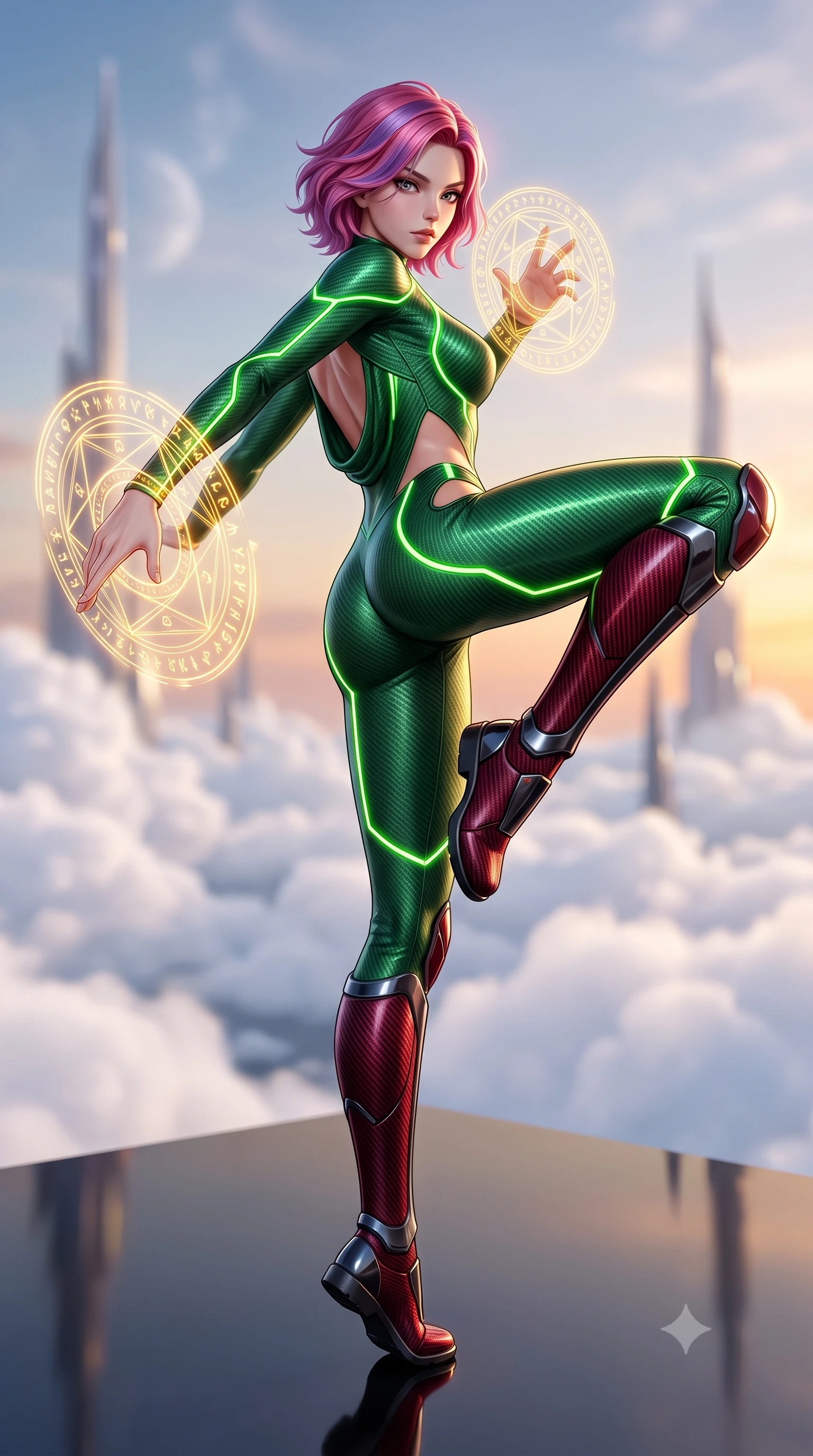 score_9, masterpiece, best quality, ultra-detailed, high-budget anime keyframe, semi-realistic 3D game render, editorial fashion photography, tasteful artistic composition, Caucasian woman. low angle full-body shot from head to toe showing her feet, filling the entire 9:16 vertical frame with her statuesque presence, stretching her vertical silhouette. pivoting dynamically in a high-speed low sweep kick along the reflective floor, her athletic torso and ultra-slim waist twisting in a fluid arc of power while standing poised on a floating obsidian altar as golden holographic runes orbit her palms in concentrated energy focus. The composition keeps background elements in soft focus with creamy bokeh. billowing white cloud seas and distant celestial spires softened by shallow atmospheric focus. She has an absolutely perfect, statuesque 8.5-heads proportion, an exceptionally tall and slender model-like female figure with impossibly long slender legs, a toned flat midriff, and an ultra-slim waist. sharp v-shaped jawline, high-bridge nose, intricate jewel-like eyes with depth, thick eyelashes, glossy lips with a natural sheen, flawlessly proportioned anatomical accuracy, strict slender model proportions, natural body alignment, perfectly sculpted long slender limbs, ultra-slim waistline, clean dynamic posture without body distortion. wearing a tailored emerald-green carbon-fiber tactical jumpsuit with glowing lime LED channels, open cowl back, and reinforced combat shin-guards in deep crimson carbon weave with specular dark chrome accents, made of liquid carbon-jersey fabric adhering flawlessly to her sculpted silhouette, accented with glowing fiber-optic conduits tracing her collarbones and hip curves, the precision-cut daring openings accentuating her delicate midriff, graceful bare collarbones, and ultra-slim feminine waistline. bathed in radiant golden holographic rune uplights and warm sunset horizon fill light. rich saturated anime colors with glowing neon highlights, detailed shading with soft gradients, rich glossy textures, high-contrast stereoscopic depth, volumetric dynamic lighting, master piece, 9:16 ratio