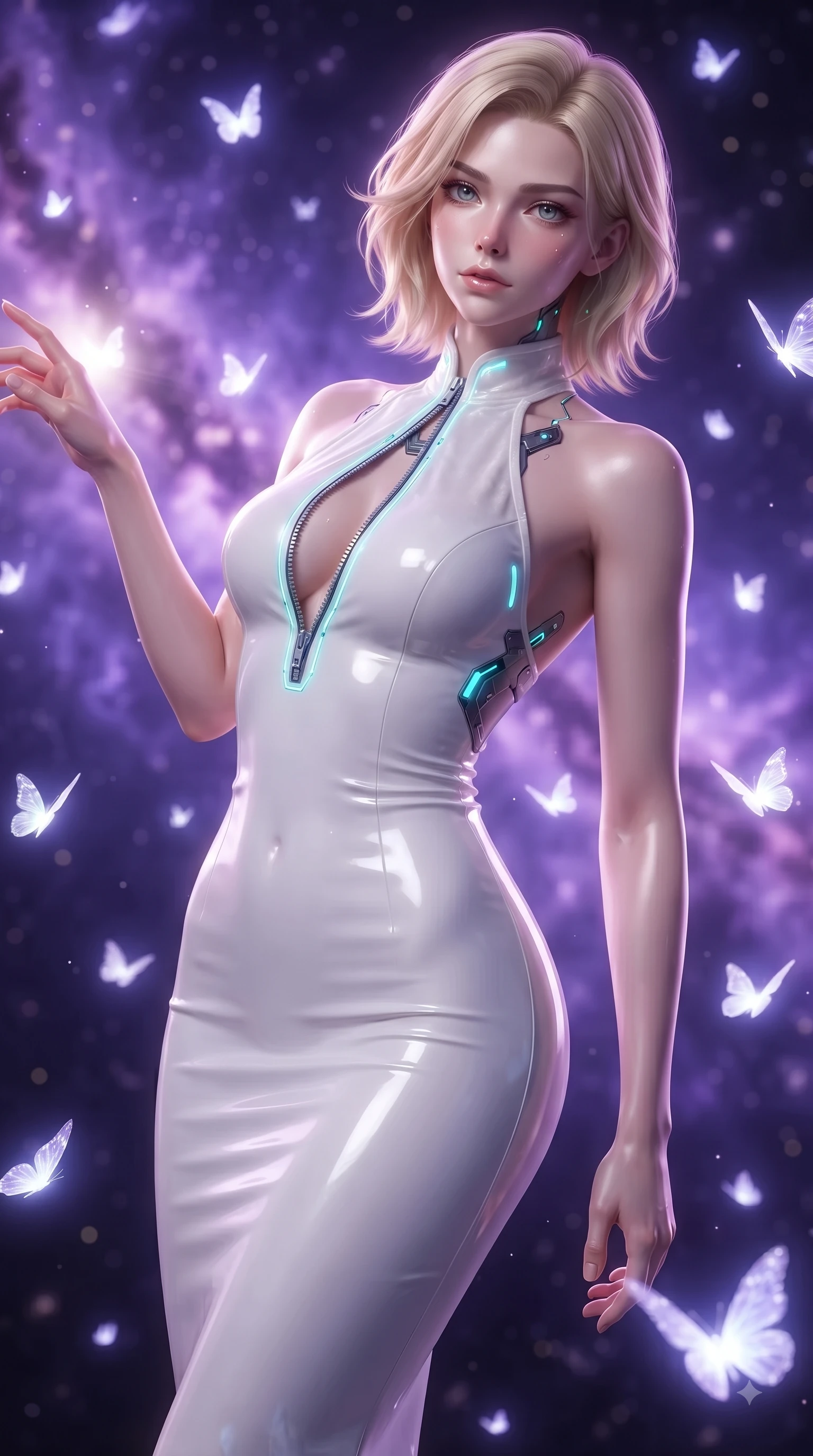 score_9, masterpiece, best quality, ultra-detailed, high-budget anime keyframe, editorial fashion photography, tasteful artistic composition, Caucasian woman. close-up cowboy shot from the waist and thighs up, the character dominates the composition, filling the frame with her large presence. extending one arm gracefully toward the light while her torso arches in a sleek, alluring curve with magnetic intensity while arching her back gracefully in a sea of violet nebula gas while luminous butterflies illuminate her skin. The composition keeps background elements in soft focus with creamy bokeh. swirling cosmic nebulae and thousands of glowing butterflies blurred into dreamy violet and cyan bokeh. She has an exceptionally elegant, slender, and willowy female figure with an ultra-slim waist, a gracefully sculpted slender torso, and a refined silhouette. sharp v-shaped jawline, high-bridge nose, intricate jewel-like eyes with depth, thick eyelashes, glossy lips with a natural sheen, flawlessly proportioned anatomical accuracy, natural body alignment, perfectly sculpted elegant limbs, clean dynamic posture without body distortion. wearing a velvet halter-neck midi dress fitting her statuesque contour flawlessly with a Tasteful chest slit and open spine in pure snow white latex and glowing cyan circuit seams, formed from high-gloss patent material with specular light reflections, featuring a dangerously unzipped neckline framed by glowing cybernetic accents, the form-contouring second-skin material highlighting her ultra-slim waist and long lines. surrounded by an enchanting, weightless, and dreamily sensual cosmic atmosphere. ultra-reflective glossy finish, specular highlights, metallic sheen, high-contrast stereoscopic depth, volumetric dynamic lighting, 2k, ultra detail, master piece, 9:16 ratio