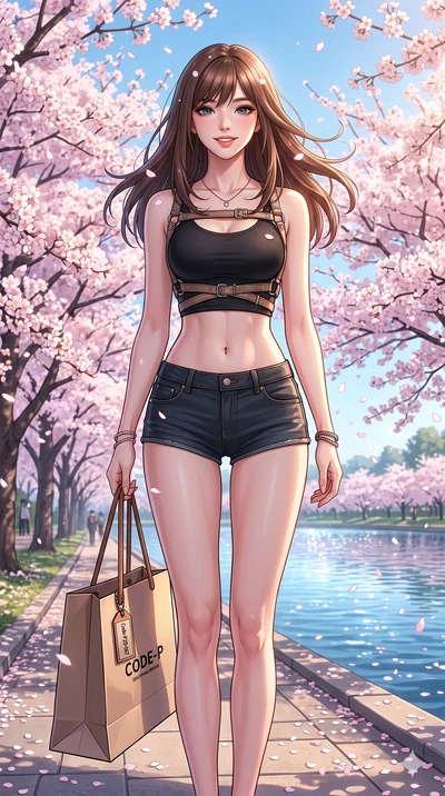 score_9, masterpiece, best quality, ultra-detailed, high-budget anime keyframe, vibrant anime aesthetic, Korean woman. cowboy shot from the thighs up, character and outfit filling the frame for maximum presence. She is holding a boutique bag, smiling