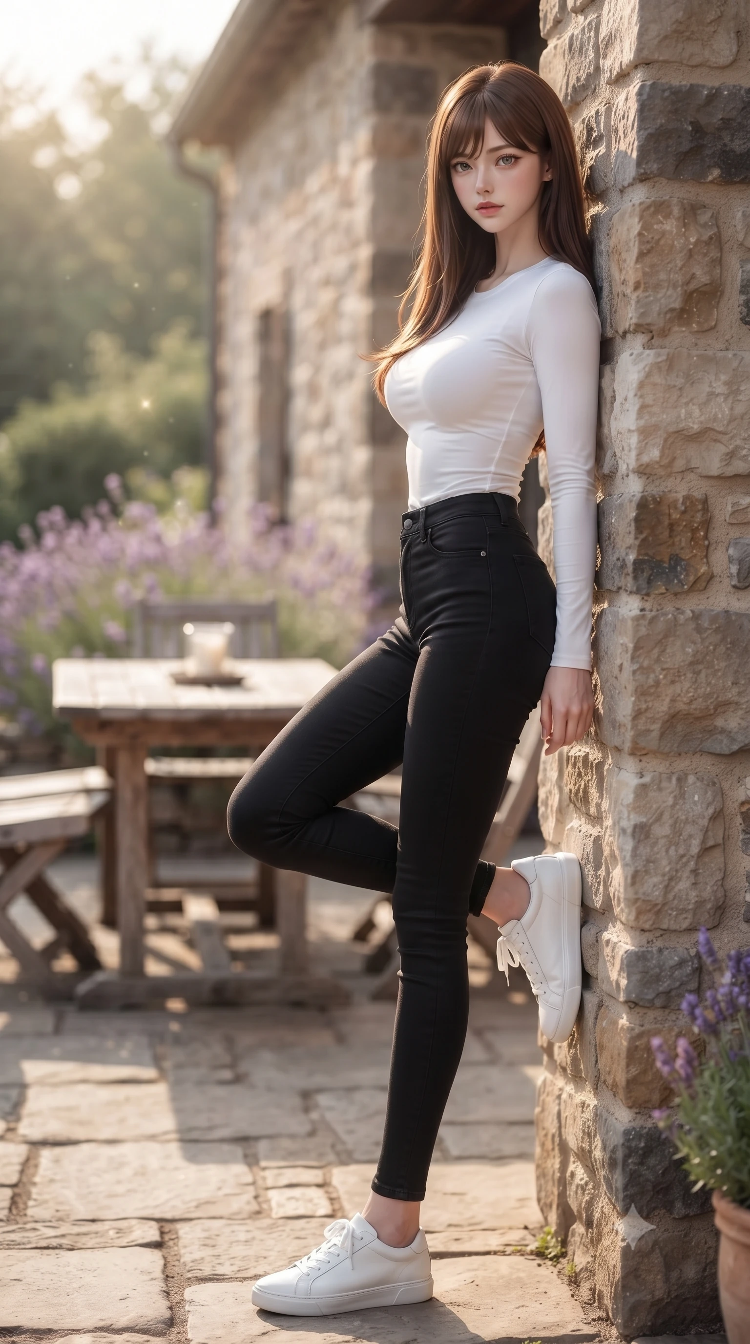 score_9, masterpiece, best quality, ultra-detailed, high-budget anime keyframe, editorial fashion photography, tasteful artistic composition, Korean woman woman. low angle full-body shot from head to toe showing her feet, filling the entire 9:16 vertical frame with her statuesque presence, stretching her vertical silhouette. leaning back against a rustic stone wall, casting a slow, alluring gaze at the camera the background shows a soft-focus a lavender-lined stone patio of a private country house, with a rustic wooden table. She has an absolutely perfect, statuesque 8.5-heads proportion, an exceptionally tall and slender model-like female figure with impossibly long slender legs and an ultra-slim waist. sharp v-shaped jawline, high-bridge nose, intricate jewel-like eyes with depth, thick eyelashes, glossy lips with a natural sheen. wearing a form-contouring tight-fitting long-sleeve tee in pure white, tucked into high-waisted black skinny pants. soft golden afternoon sunbeams, casting a peaceful country glow. ultra-reflective glossy finish, specular highlights, metallic sheen, high-contrast stereoscopic depth, volumetric dynamic lighting, 2k, ultra detail, master piece, 9:16 ratio