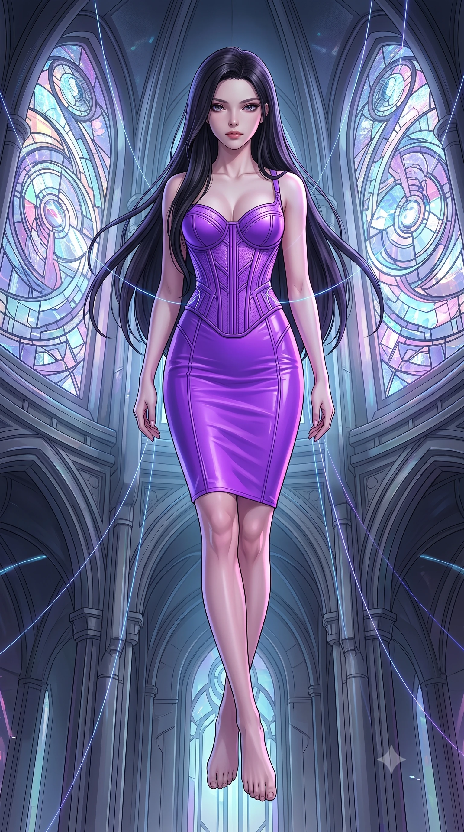 score_9, masterpiece, best quality, ultra-detailed, High-budget Anime Keyframe, East Asian woman. Low angle cowboy shot filling the entire 9:16 frame with her statuesque presence. Scenario 506: suspended by invisible silk threads inside a futuristic cathedral with holographic stained-glass windows. Her presence is magnetic and overpowering in this high-budget anime scene. Outfit 506: a body-hugging neon violet matte vinyl corset dress layered over a structured corset bodice. The clothing is designed to emphasize her exceptionally tall and slender 8-heads proportion. 8-heads proportion, towering silhouette, ultra-slim waist. sharp v-shaped jawline, intricate jewel-like eyes with depth, thick eyelashes, glossy lips. 2k, ultra detail, master piece, 9:16 ratio
