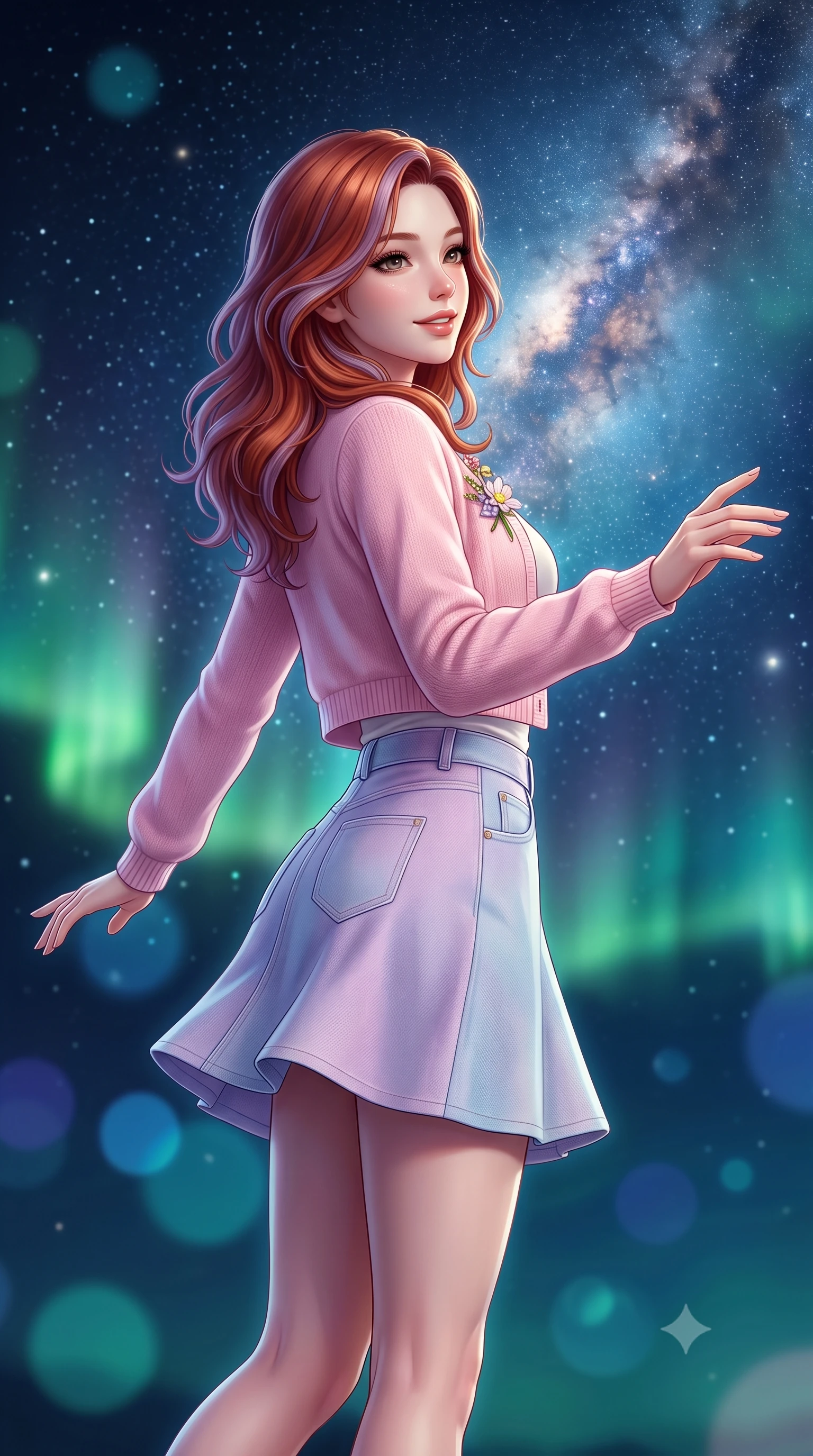 score_9, masterpiece, best quality, ultra-detailed, high-budget anime keyframe, semi-realistic 3D game render, editorial fashion photography, tasteful artistic composition, Caucasian woman. close-up cowboy shot from the waist and thighs up, the character dominates the composition, filling the frame with her large presence. extending one arm gracefully toward the scenery while turning back with an infectious, heartwarming smile while standing poised against a majestic starlit night sky with arms gently outstretched in peaceful wonder. The composition keeps background elements in soft focus with creamy bokeh. dazzling Milky Way star clusters and dancing emerald aurora ribbons blurred into deep indigo, teal, and celestial bokeh. She has an exceptionally elegant, slender, and willowy female figure with an ultra-slim waist, a gracefully sculpted slender torso, toned flat midriff, and a refined slim silhouette. sharp v-shaped jawline, high-bridge nose, intricate jewel-like eyes with depth, thick eyelashes, glossy lips with a natural sheen, pure and lovely fresh girlhood expression, flawlessly proportioned anatomical accuracy, strict slender model proportions, natural body alignment, perfectly sculpted long slender limbs, ultra-slim waistline, clean dynamic posture without body distortion. wearing a lovely baby-pink cropped knit cardigan paired with a high-waisted denim A-line mini skirt in soft pastel lavender and delicate sky blue, tailored from soft pastel lightweight wool blend with subtle texture, complemented by a delicate wildflower corsage pinned to the lapel, the soft airy drape swaying gracefully with her dynamic movements, emphasizing her tall willowy build and slim waistline. illuminated by soft celestial starlight and lantern rim light defining her slender, elegant silhouette. highly saturated vibrant anime colors, detailed shading with soft gradients, rich glossy textures, high-contrast stereoscopic depth, volumetric dynamic lighting, master piece, 9:16 ratio