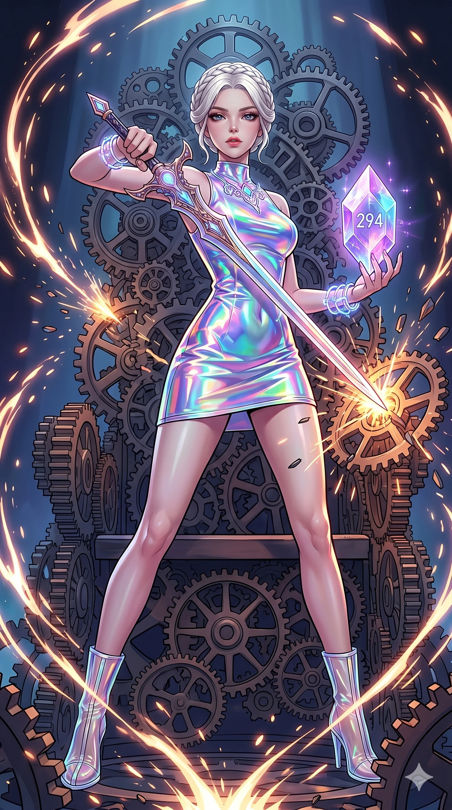 score_9, masterpiece, best quality, ultra-detailed, Set A: High-budget Anime Keyframe, Korean woman. Low angle cowboy shot filling the entire 9:16 frame with her statuesque presence. Drawing a blade through a throne of gears, holding a relic that pulses with the frequency 294 and surrounded by glowing energy sparks. She has an absolutely perfect 8-heads proportion, an exceptionally tall and slender female figure with impossibly long slender legs and an ultra-slim waist. Sharp v-shaped jawline, high-bridge nose, intricate jewel-like eyes with depth, thick eyelashes, glossy lips with a natural sheen. Wearing Holographic vinyl mini-dress with transparent PVC boots and glowing jewelry. Cinematic lighting, vibrant colors, dramatic shadows, 2k, ultra detail, master piece, 9:16 ratio