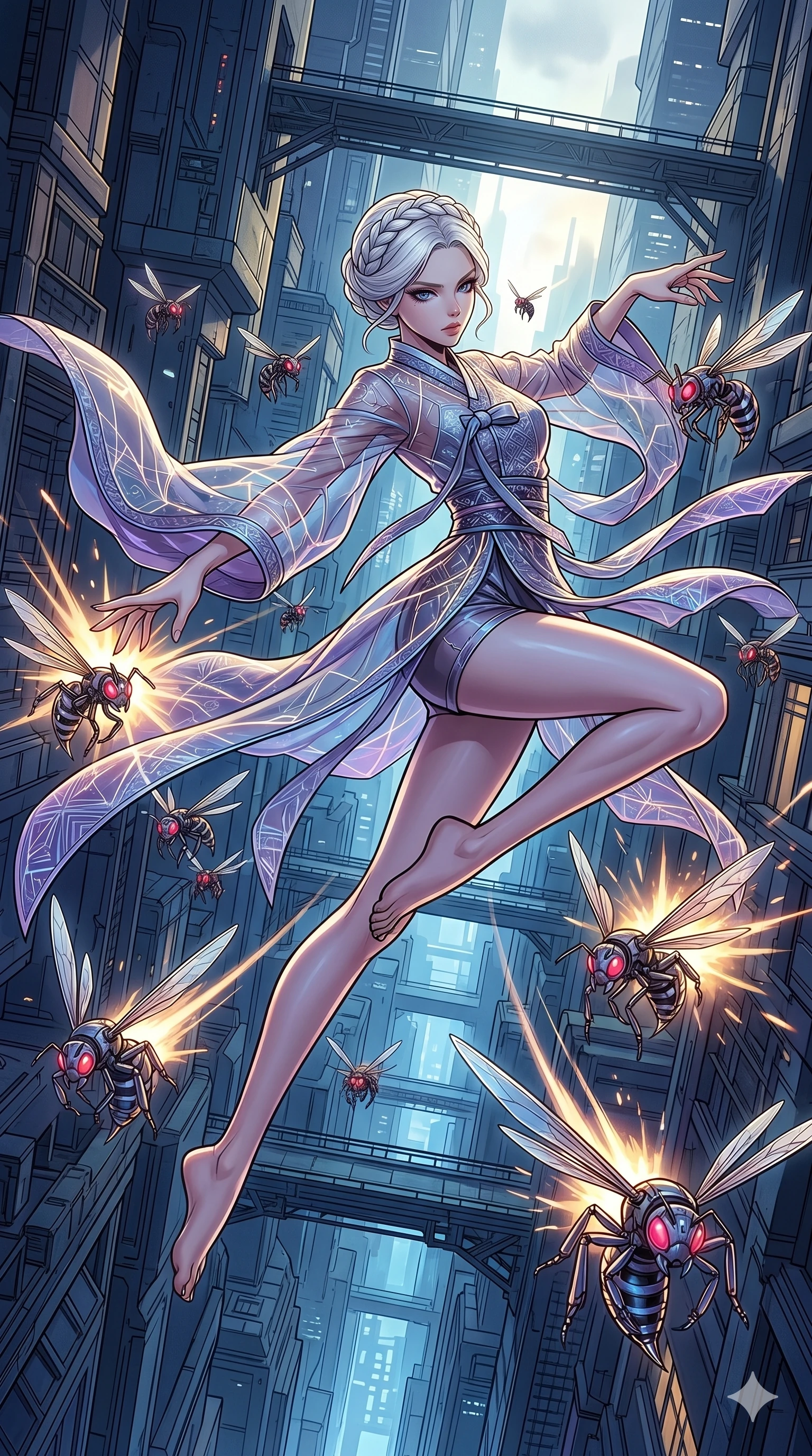 score_9, masterpiece, best quality, ultra-detailed, high-budget anime movie keyframe, cinematic anime lighting, intricate line art, Japanese anime girl. Dynamic full-body shot stretching the vertical silhouette with extreme perspective. twisting in mid-air to avoid a swarm of robotic hornets. She has an absolutely perfect 8-heads proportion, an exceptionally tall and slender female figure with an ultra-slim waist and impossibly long slender legs. strictly human anatomy, two legs only, no extra limbs, clearly defined legs and arms, perfect anatomy, perfect hands and fingers. sharp v-shaped jawline, high-bridge nose, intricate jewel-like eyes, thick eyelashes, glossy lips. Wearing Modern Traditional: Shortened cyber-hanbok with fusion silk robes and transparent panels. The scene is illuminated by dramatic atmospheric lighting and vibrant color palettes. , 2k, ultra detail, master piece, 9:16 ratio