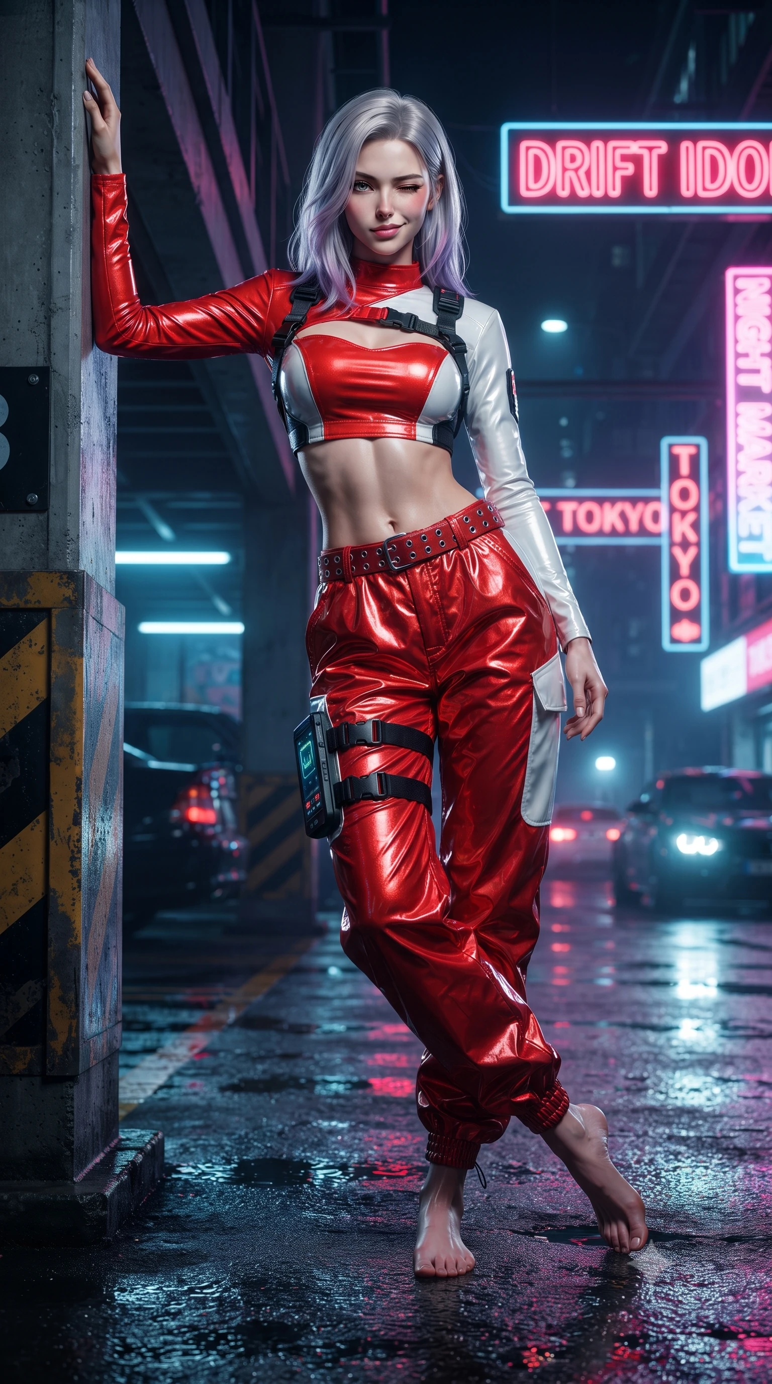 score_9, masterpiece, best quality, ultra-detailed, high-budget anime keyframe, editorial fashion photography, tasteful artistic composition, Caucasian woman. low angle full-body shot from head to toe showing her feet, filling the entire 9:16 vertical frame with her statuesque presence, stretching her vertical silhouette. leaning deep against the structural architecture with hips cocked in an unapologetically bold, seductive high-fashion stance while pivoting sharply with supermodel momentum on the wet tarmac, a playful wink breaking across her radiant face. The surrounding environment is rendered in vivid detail and crisp panoramic clarity. intense neon-noir chiaroscuro and exhilarating urban drift culture aesthetics rendered with precision. She has an absolutely perfect, statuesque 8.5-heads proportion, an exceptionally tall and slender model-like female figure with impossibly long slender legs, a toned flat midriff, and an ultra-slim waist. sharp v-shaped jawline, high-bridge nose, intricate jewel-like eyes with depth, thick eyelashes, glossy parted lips with a natural sheen, intensely captivating and seductive expression, flawlessly proportioned anatomical accuracy, strict slender model proportions, natural body alignment, perfectly sculpted long slender limbs, ultra-slim waistline, clean dynamic posture without body distortion. wearing an asymmetric single-sleeve moto crop top paired with baggy metallic parachute trousers and grommet belt in bright racing scarlet red and glossy white, tailored from abrasion-resistant Kevlar weave with glossy protective panels, equipped with a sleek thigh-mounted telemetry display and tactical harness, the liquid-tight tailored fabric emphasizing every curve of her tall, slender model proportions and sculptured silhouette. surrounded by an adrenaline-fueled, audacious, and wildly charismatic drift idol aura. ultra-reflective glossy finish, specular highlights, rich textural contrasts, high-contrast stereoscopic depth, volumetric dynamic lighting, 2k, ultra detail, master piece, 9:16 ratio