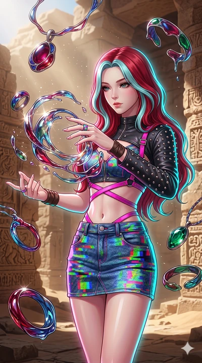 score_9, masterpiece, best quality, ultra-detailed, high-budget anime keyframe, Japanese woman. upper body close-up from the thighs up, character filling the screen for maximum presence. interacting with liquid stained-glass that melts and swirls in 