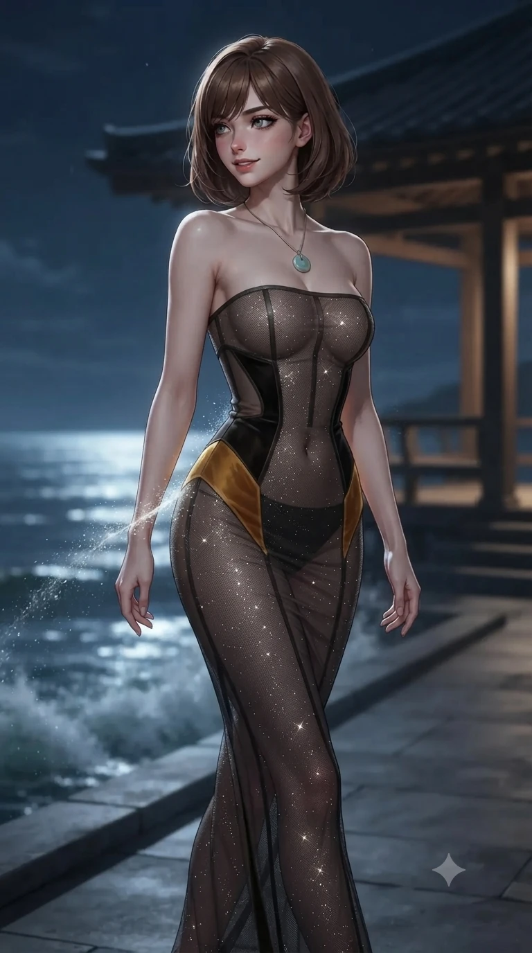 score_9, masterpiece, best quality, ultra-detailed, high-budget anime keyframe, editorial fashion photography, tasteful artistic composition, Caucasian woman. low angle full-body shot from head to toe showing her feet, filling the entire 9:16 vertical frame with her statuesque presence, stretching her vertical silhouette. walking along the waterfront terrace with poise, looking back over her bare shoulder with an irresistible smoldering bedroom-gaze while twisting her slender torso in an alluring contrapposto stance, dramatic moonlight and breaking wave spray tracing her flat midriff and hips. The background shows a soft-focus windswept coastal pavilion softened in maritime nocturnal shallow focus. She has an absolutely perfect, statuesque 8.5-heads proportion, an exceptionally tall and slender model-like female figure with impossibly long slender legs, an ultra-slim waist, a flat toned midriff, narrow delicate ribcage, and beautifully sculpted feminine hips creating a graceful, slim hourglass silhouette without any bulky heaviness. sharp v-shaped jawline, high-bridge nose, sparkling eyes with hypnotic seductive depth, thick curled eyelashes, glossy parted lips with a natural dewy peach sheen, alluring bedroom-eyes with an enchanting coquettish smile, exuding magnetic siren charisma and sophisticated glamour, flawlessly proportioned anatomical accuracy, strict slender model proportions, natural body alignment, perfectly sculpted long slender limbs, ultra-slim waistline, clean dynamic posture without body distortion. wearing a sheer-illusion mesh corset gown with strategic opaque velvet hanbok panels framing her waist and hips in smoked agarwood charcoal and warm honey amber, woven from metallic lurex thread casting radiant starlight glints across her silhouette, finished with a minimalist celadon porcelain pendant on a fine silk cord, the glove-like clinging cut tightly following the natural contour of her hips and long slender legs with youthful 8.5-heads elegance. bathed in brilliant horizontal moonlight sweeping across the ocean surface and into the open timber pavilion. ultra-reflective glossy finish, specular highlights, rich textural contrasts, high-contrast stereoscopic depth, volumetric dynamic lighting, 2k, ultra detail, master piece, 9:16 ratio