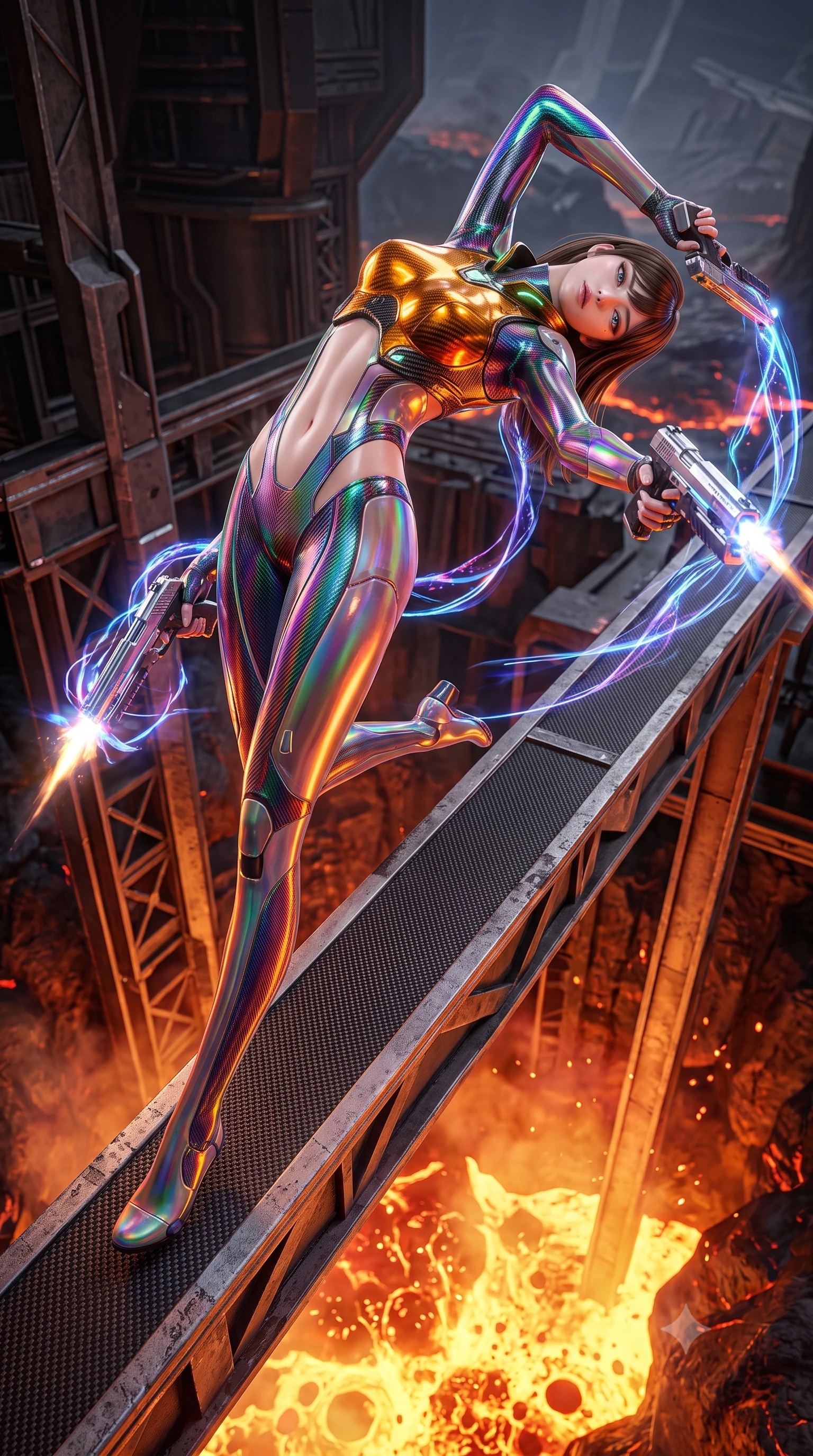 score_9, masterpiece, best quality, ultra-detailed, high-budget anime keyframe, semi-realistic 3D game render, editorial fashion photography, tasteful artistic composition, Korean woman. low angle full-body shot from head to toe showing her feet, filling the entire 9:16 vertical frame with her statuesque presence, stretching her vertical silhouette. arching her back gracefully in mid-air during a dynamic combat vault, her weapon energy trail framing her statuesque presence while stepping along a narrow steel bridge overlooking the volcanic forge with commanding, sovereign grace. The surrounding environment is rendered in vivid detail and crisp panoramic clarity. sharp heat-resistant carbon armor plate edges, magma bubble bursts, and steel support beams in high resolution. She has an absolutely perfect, statuesque 8.5-heads proportion, an exceptionally tall and slender model-like female figure with impossibly long slender legs, a toned flat midriff, and an ultra-slim waist. sharp v-shaped jawline, high-bridge nose, intricate jewel-like eyes with depth, thick eyelashes, glossy lips with a natural sheen, flawlessly proportioned anatomical accuracy, strict slender model proportions, natural body alignment, perfectly sculpted long slender limbs, ultra-slim waistline, clean dynamic posture without body distortion. wearing a high-gloss iridescent rainbow carbon-weave bodysuit with translucent cybernetic panels, brandishing dual sleek chrome particle beam pistols in a dynamic combat stance in molten amber-gold carbon cuirass with dark titanium weave, crafted from ultra-strong woven carbon-fiber composite with a satin luster, featuring a sleek aerodynamic collar framed by subtle glowing cybernetic status LEDs, the precision-cut daring openings accentuating her delicate midriff, graceful bare collarbones, and ultra-slim feminine waistline. illuminated by crisp specular highlights tracing her ultra-slim waist, long legs, and flat midriff. rich saturated anime colors with glowing neon highlights, detailed shading with soft gradients, rich glossy textures, high-contrast stereoscopic depth, volumetric dynamic lighting, master piece, 9:16 ratio