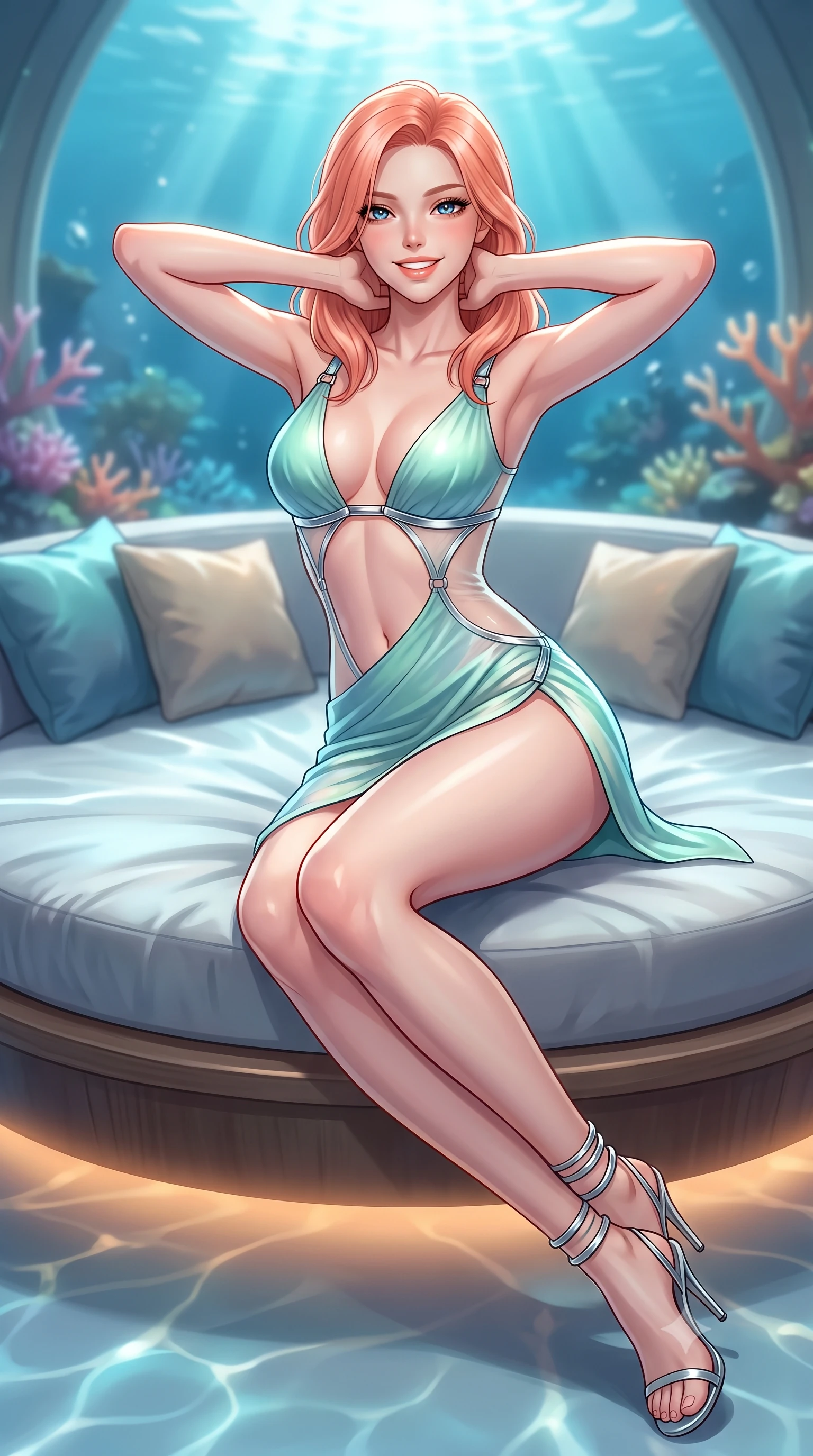 score_9, masterpiece, best quality, ultra-detailed, high-budget anime keyframe, editorial fashion photography, tasteful artistic composition, Japanese woman. close-up cowboy shot from the waist and thighs up, the character dominates the composition, filling the frame with her large presence. resting both hands lightly behind her neck with elbows raised, arching her spine to highlight her narrow waist, flat midriff, and breathtaking collarbones while lounging gracefully across the circular daybed propped on one elbow with legs extended, displaying her long slender limbs and statuesque hourglass silhouette against the reef. The background shows a soft-focus sunlight caustics filtering through 20 meters of crystal-clear ocean softened in submerged coral pavilion shallow focus. She has an exceptionally elegant, slender, and willowy female figure with an ultra-slim waist, flat toned midriff, narrow ribcage, and sculpted feminine hips creating an alluring, slim hourglass silhouette without bulk. sharp v-shaped jawline, high-bridge nose, intricate jewel-like sparkling eyes with depth, thick eyelashes, glossy parted lips with a natural peach sheen, bright cheerful beaming smile with an enchanting and coquettish sensual glint, exuding both youthful cute charm and seductive allure, flawlessly proportioned anatomical accuracy, strict slender model proportions, natural body alignment, perfectly sculpted long slender limbs, ultra-slim waistline, clean dynamic posture without body distortion. wearing a provocative open-waist cutout mini dress framed by polished chrome hardware and thigh-high slit in polar aurora jade and starlight platinum, featuring strategic sheer-illusion tulle side panels framing her ribcage and hips, complemented by strappy stiletto sandals with metallic ankle wraps accentuating her slender calves, the high-slit wrap tailoring accentuating her ultra-slim waistline and the enchanting curve of her feminine hips with alluring seductive charm. bathed in the glowing natural fluorescence of deep corals combined with warm 2500K interior recessed cove lighting. ultra-reflective glossy finish, specular highlights, rich textural contrasts, high-contrast stereoscopic depth, volumetric dynamic lighting, 2k, ultra detail, master piece, 9:16 ratio