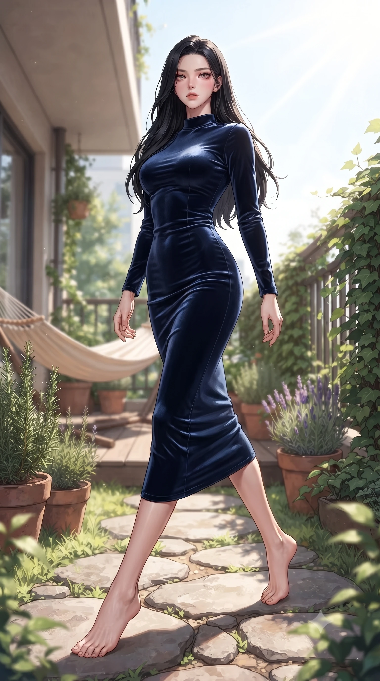 score_9, masterpiece, best quality, ultra-detailed, high-budget anime keyframe, editorial fashion photography, tasteful artistic composition, Korean woman woman. low angle full-body shot from head to toe showing her feet, filling the entire 9:16 vertical frame with her statuesque presence, stretching her vertical silhouette. stepping gracefully across a stone path in the garden the background shows a soft-focus a cozy hammock on a green balcony terrace filled with potted herbs and climbing ivy. She has an absolutely perfect, statuesque 8.5-heads proportion, an exceptionally tall and slender model-like female figure with impossibly long slender legs and an ultra-slim waist. sharp v-shaped jawline, high-bridge nose, intricate jewel-like eyes with depth, thick eyelashes, glossy lips with a natural sheen. wearing a slim-fit body-hugging navy blue velvet dress with a simple mock-neck collar. bright morning sunbeams creating a fresh, relaxing atmosphere. ultra-reflective glossy finish, specular highlights, metallic sheen, high-contrast stereoscopic depth, volumetric dynamic lighting, 2k, ultra detail, master piece, 9:16 ratio
