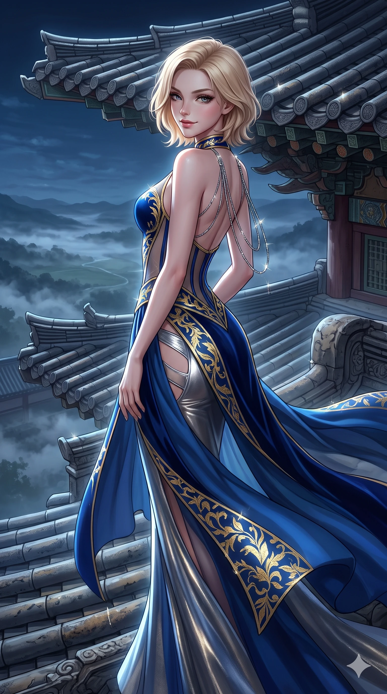 score_9, masterpiece, best quality, ultra-detailed, high-budget anime keyframe, semi-realistic 3D game render, editorial fashion photography, tasteful artistic composition, Caucasian woman. close-up cowboy shot from the waist and thighs up, the character dominates the composition, filling the frame with her large presence. twisting her slender torso in a deep contrapposto stance, hips dramatically shifted to accentuate her feminine curves while looking past her shoulder with smoldering bedroom-eyes while standing tall on the central roof ridge, arching her lower back with sovereign supermodel grace as midnight winds whip her garments open. The surrounding environment is rendered in vivid detail and crisp panoramic clarity: detailed liquid metallic lamé plunge jumpsuit cling, side cutouts, and monumental palace roof engineering in razor-sharp clarity. She has an exceptionally elegant, slender, and willowy female figure with an ultra-slim waist, flat toned midriff, narrow ribcage, and sculpted feminine hips creating an alluring, slim hourglass silhouette without bulk. sharp v-shaped jawline, high-bridge nose, sparkling eyes with hypnotic seductive depth, thick curled eyelashes, glossy parted lips with a natural dewy peach sheen, alluring bedroom-eyes with an enchanting coquettish smile, exuding magnetic siren charisma and sophisticated glamour, flawlessly proportioned anatomical accuracy, strict slender model proportions, natural body alignment, perfectly sculpted long slender limbs, ultra-slim waistline, clean dynamic posture without body distortion. wearing a sheer-illusion mesh corset gown with strategic opaque velvet hanbok panels framing her waist and hips in deep ocean cobalt and shimmering gold leaf, tailored from heavy double-faced silk faille with an exceptionally fluid drape, accented with an open-back drape framed by falling strands of delicate chrome chains, the form-contouring silhouette accentuating her sculpted flat midriff, narrow delicate ribcage, and gracefully curvy hips with intoxicating allure. illuminated by moonlit valley mist upward bounce and sharp silver-topaz rim lights defining her razor-sharp jawline, narrow waist, and curvy hips. highly saturated vibrant anime colors, detailed shading with soft gradients, rich glossy textures, high-contrast stereoscopic depth, volumetric dynamic lighting, master piece, 9:16 ratio