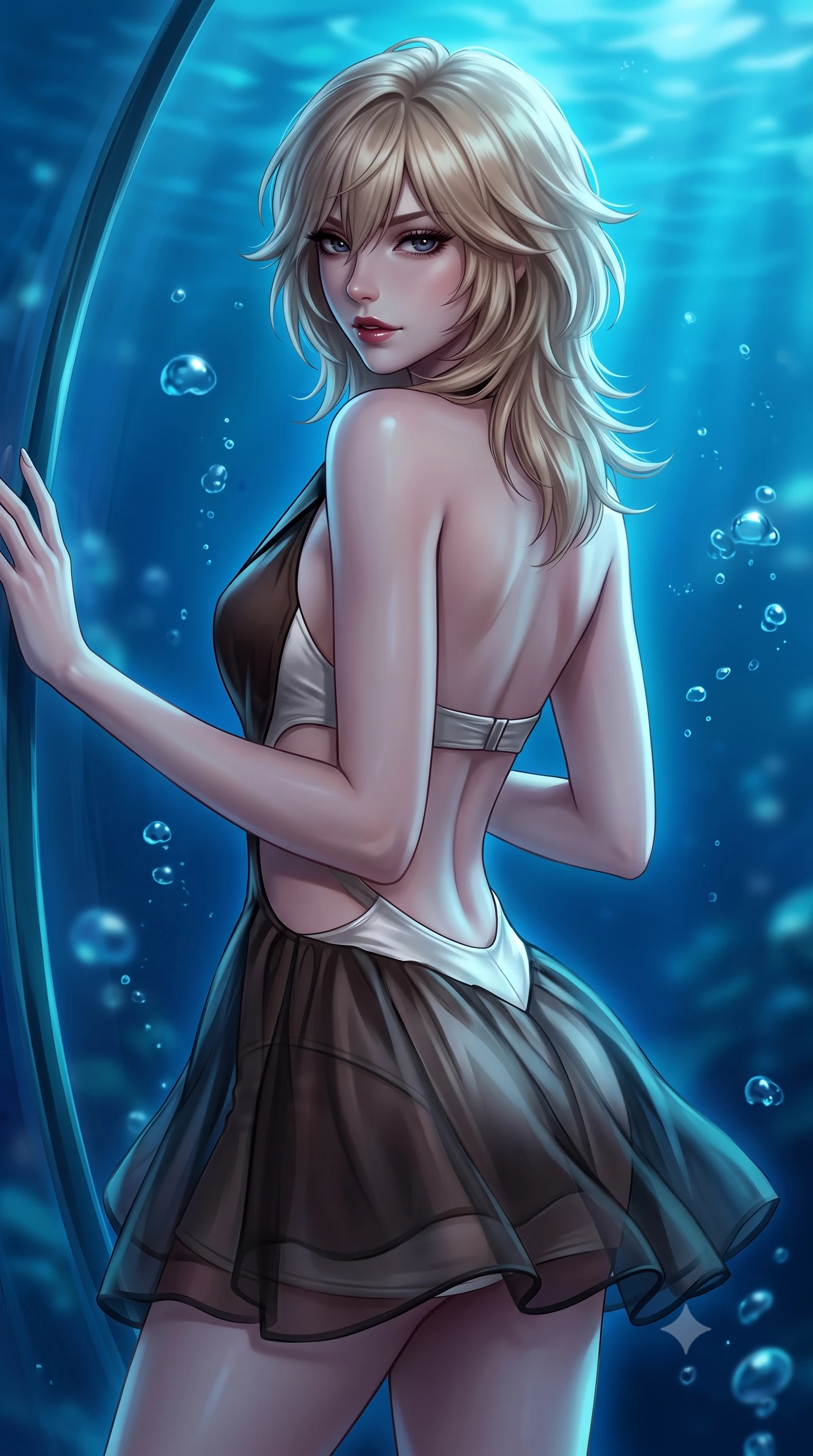 score_9, masterpiece, best quality, ultra-detailed, high-budget anime keyframe, semi-realistic 3D game render, editorial fashion photography, tasteful artistic composition, Japanese woman. close-up cowboy shot from the waist and thighs up, the character dominates the composition, filling the frame with her large presence. posing in an alluring rear three-quarter angle, turning over a bare shoulder with an intoxicating, smoldering gaze, her hips cocked back to highlight her slim hourglass curve while leaning against the curved observation glass with hips cocked back, casting an intoxicating, sultry bedroom-gaze through deep cobalt water ripples. The composition keeps background elements in soft focus with dreamy creamy bokeh. deep ocean water currents and floating air micro-bubbles softened in surreal aquatic shallow focus. She has an exceptionally elegant, slender, and willowy female figure with an ultra-slim waist, flat toned midriff, narrow ribcage, and sculpted feminine hips creating an alluring, slim hourglass silhouette without bulk. sharp v-shaped jawline, high-bridge nose, intricate jewel-like dark sparkling eyes with dangerous depth, thick curled eyelashes, glossy parted lips with a rich wine sheen, smoldering seductive half-smile with bedroom-eyes, exuding effortless superiority and intoxicating dark allure, flawlessly proportioned anatomical accuracy, strict slender model proportions, natural body alignment, perfectly sculpted long slender limbs, ultra-slim waistline, clean dynamic posture without body distortion. wearing a cut-out liquid silver mini dress with open-waist architecture emphasizing her hourglass curves in dark espresso brown and pearlescent ivory, crafted from layered gossamer black organza with weightless, smoky flutter, finished with sharp tailored peak lapels and subtle horn button accents, the precision-cut side openings and low-back scoop framing her graceful spine and the sensual sweep of her slim, toned hips. bathed in deep ethereal sapphire and cyan bioluminescent ambient glow radiating from all sides. highly saturated vibrant anime colors, detailed shading with soft gradients, rich glossy textures, high-contrast stereoscopic depth, volumetric dynamic lighting, master piece, 9:16 ratio