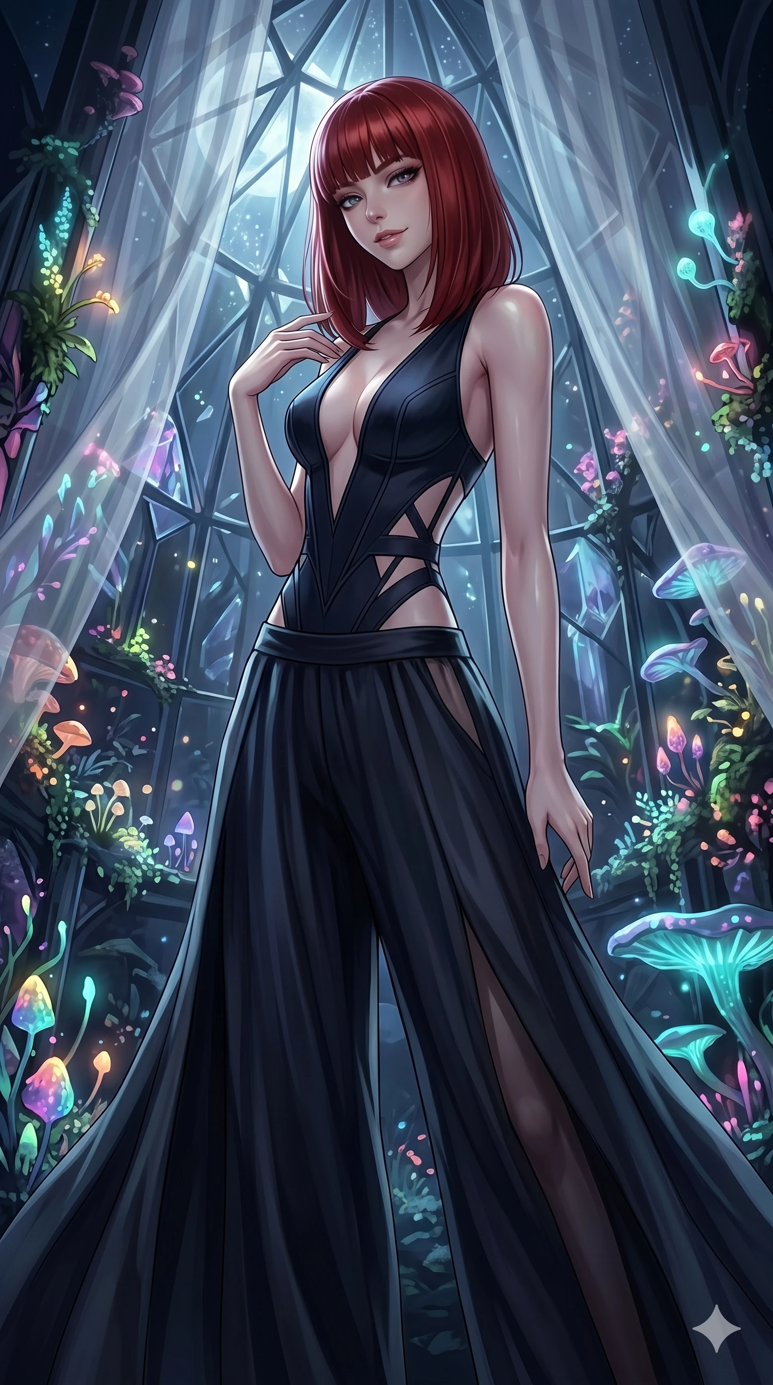 score_9, masterpiece, best quality, ultra-detailed, high-budget anime keyframe, editorial fashion photography, tasteful artistic composition, Caucasian woman, strictly human ears. cowboy shot from the thighs up, character and outfit filling the frame for maximum editorial presence. Glancing sidelong over her shoulder with a smoldering half-smile within a prismatic rain-forest dome where bioluminescent plants pulse softly in the dark. She has an absolutely perfect 8-heads proportion, an exceptionally tall and slender female figure with impossibly long slender legs and an ultra-slim waist. V-shaped jawline, high-bridge nose, intricate jewel-like eyes with depth, thick eyelashes, glossy lips with a natural sheen. wearing a structured deep-plunge V-neck bodysuit in midnight black with clean architectural seaming and bold side panel detailing, paired with dramatic wide-leg palazzo trousers in flowing silk. bathed in cold silver moonlight filtered through translucent gossamer curtains casting soft shadows on her curves. 2k, ultra detail, master piece, 9:16 ratio