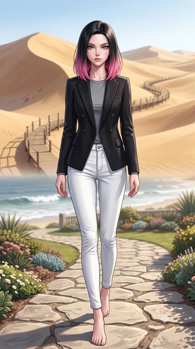 score_9, masterpiece, best quality, ultra-detailed, high-budget anime keyframe, editorial fashion photography, tasteful artistic composition, Korean woman woman. low angle full-body shot from head to toe showing her feet, filling the entire 9:16 vert