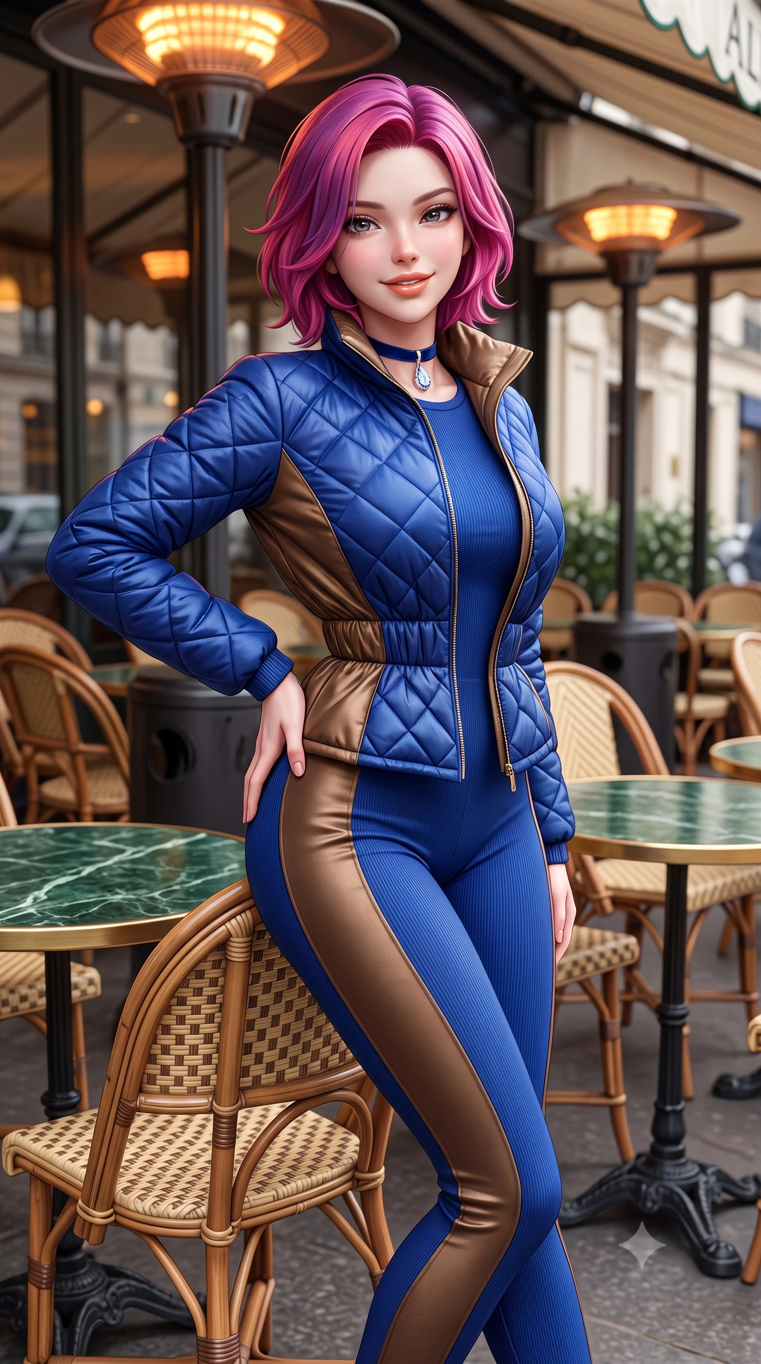 score_9, masterpiece, best quality, ultra-detailed, high-budget anime keyframe, semi-realistic 3D game render, editorial fashion photography, tasteful artistic composition, Caucasian woman. close-up cowboy shot from the waist and thighs up, the character dominates the composition, filling the frame with her large presence. arching her lower back slightly with one hand resting on her sculpted hip, looking into the camera with an enchanting and coquettish smile while leaning back slightly against the wicker rattan café chair, ankles crossed, enjoying the crisp autumn air with effortless chic. The surrounding environment is rendered in vivid detail and crisp panoramic clarity: sharp green marble tabletop veining, intricate woven rattan chair patterns, and cast-iron table base curves in deep focus. She has an exceptionally elegant, slender, and willowy female figure with an ultra-slim waist, flat toned midriff, narrow ribcage, and sculpted feminine hips creating an alluring, slim hourglass silhouette without bulk. sharp v-shaped jawline, high-bridge nose, intricate jewel-like sparkling eyes with depth, thick eyelashes, glossy parted lips with a natural peach sheen, bright cheerful beaming smile with an enchanting and coquettish sensual glint, exuding both youthful cute charm and seductive allure, flawlessly proportioned anatomical accuracy, strict slender model proportions, natural body alignment, perfectly sculpted long slender limbs, ultra-slim waistline, clean dynamic posture without body distortion. wearing a tailored quilted down jacket with a deeply cinched elastic belt worn over an ultra-tight thermal rib-knit bodysuit and leggings in royal sapphire blue and antique brushed bronze, crafted from lustrous liquid satin crepe that drapes in body-clinging ripples catching ambient lights, finished with a narrow velvet neck ribbon and a sparkling teardrop crystal pendant, the snug waist-cinching tailoring accentuating her ultra-slim waistline and the enchanting curve of her feminine hips with alluring seductive charm. bathed in soft overcast Parisian natural daylight warmed by glowing overhead outdoor patio heaters. highly saturated vibrant anime colors, detailed shading with soft gradients, rich glossy textures, high-contrast stereoscopic depth, volumetric dynamic lighting, master piece, 9:16 ratio
