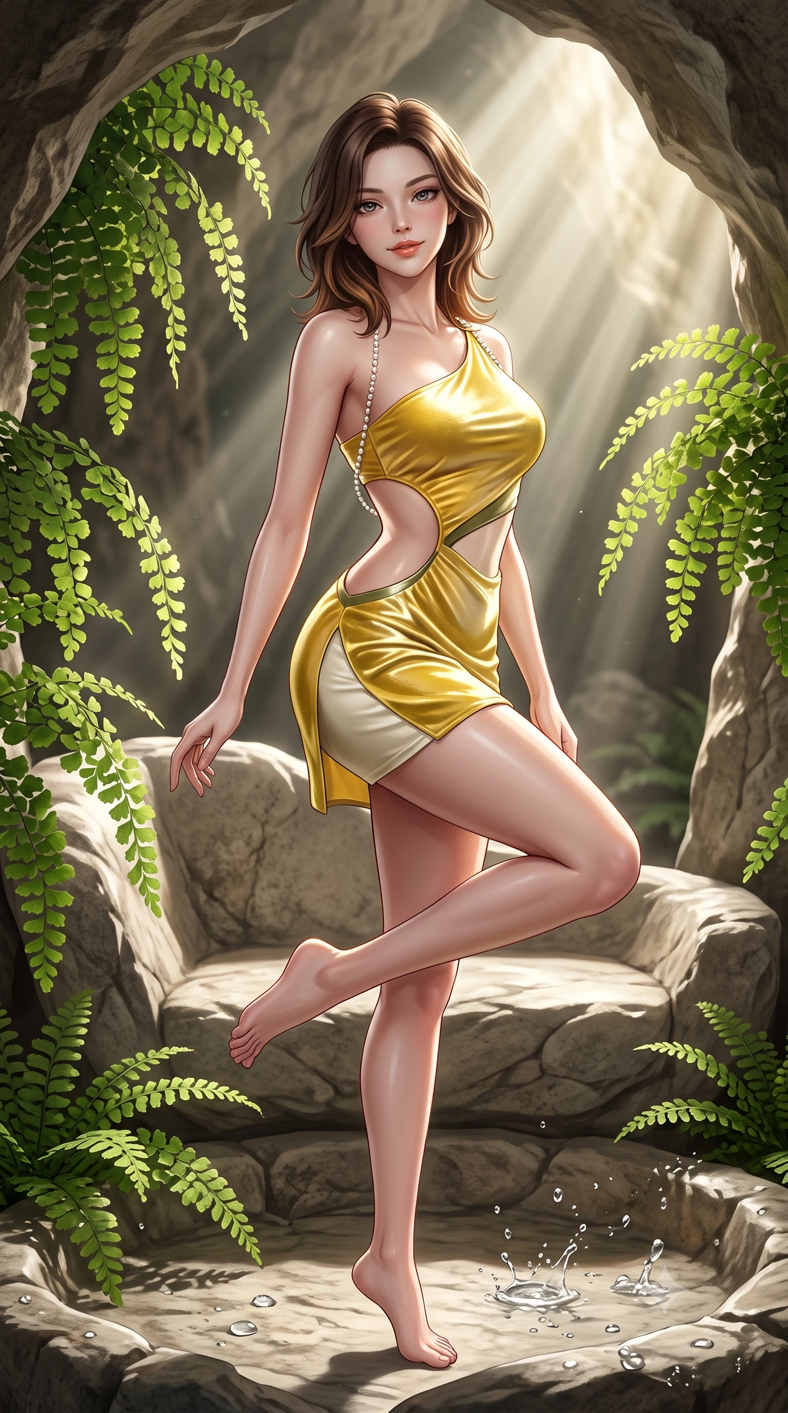 score_9, masterpiece, best quality, ultra-detailed, high-budget anime keyframe, semi-realistic 3D game render, editorial fashion photography, tasteful artistic composition, Korean woman. close-up cowboy shot from the waist and thighs up, the character dominates the composition, filling the frame with her large presence. perched sideways on the lounge seat, one knee drawn up to showcase her slender leg line while her arched back accentuates her feminine hip curve while standing poised on the natural stone basin floor beneath cascading maidenhair ferns, arching her back with breathtaking nymph purity and allure. The surrounding environment is rendered in vivid detail and crisp panoramic clarity: sharp delicate maidenhair fern frond pinnules, limestone cavern texture, and clear water droplet splashes in deep focus. She has an exceptionally elegant, slender, and willowy female figure with an ultra-slim waist, flat toned midriff, narrow ribcage, and sculpted feminine hips creating an alluring, slim hourglass silhouette without bulk. sharp v-shaped jawline, high-bridge nose, sparkling eyes with hypnotic seductive depth, thick curled eyelashes, glossy parted lips with a natural dewy peach sheen, alluring bedroom-eyes with an enchanting coquettish smile, exuding magnetic siren charisma and sophisticated glamour, flawlessly proportioned anatomical accuracy, strict slender model proportions, natural body alignment, perfectly sculpted long slender limbs, ultra-slim waistline, clean dynamic posture without body distortion. wearing an asymmetric one-shoulder metallic cocktail mini dress with a dramatic side cutout hugging her waist and hips in sunlit daisy yellow and gardenia cream with olive accents, tailored from ultra-plush velvet with rich tactile depth and deep shadow gradients, finished with a pearl-drop body harness subtly framing her dewy collarbones and spine, the second-skin tailored fabric adhering flawlessly to her sculpted flat midriff and slender torso, emphasizing her long leg lines and perfectly proportioned willowy build. bathed in dramatic angled shafts of pure morning sunlight (god rays) penetrating the sunken cavern opening. highly saturated vibrant anime colors, detailed shading with soft gradients, rich glossy textures, high-contrast stereoscopic depth, volumetric dynamic lighting, master piece, 9:16 ratio
