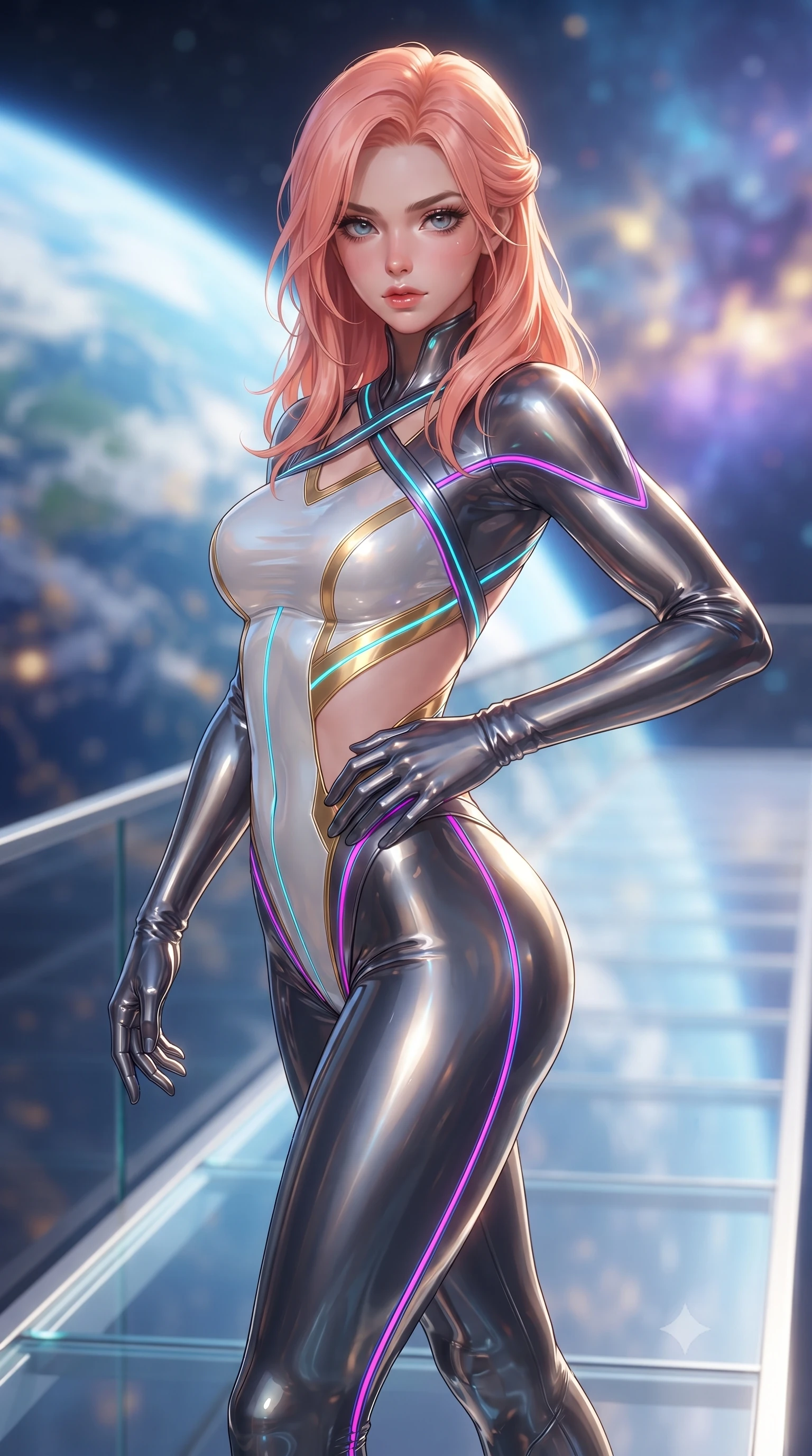 score_9, masterpiece, best quality, ultra-detailed, high-budget anime keyframe, editorial fashion photography, tasteful artistic composition, Japanese woman. close-up cowboy shot from the waist and thighs up, the character dominates the composition, filling the frame with her large presence. twisting her upper body in a dynamic S-curve with commanding allure, one hand resting on her slender waist with haughty grace while stepping along a floating glass catwalk extending into open space under brilliant orbital sunlight. The composition keeps background elements in soft focus with creamy bokeh. glowing planetary curve of Earth and distant supernova clouds blurred into breathtaking azure, gold, and violet bokeh. She has an exceptionally elegant, slender, and willowy female figure with an ultra-slim waist, a gracefully sculpted slender torso, toned flat midriff, and a refined slim silhouette. sharp v-shaped jawline, high-bridge nose, intricate jewel-like eyes with depth, thick eyelashes, glossy lips with a natural sheen, flawlessly proportioned anatomical accuracy, strict slender model proportions, natural body alignment, perfectly sculpted long slender limbs, ultra-slim waistline, clean dynamic posture without body distortion. wearing a second-skin white-and-gold high-fashion tech-bodysuit with diagonal midriff cutouts and glowing cyan fiber seams in vibrant electric magenta and ultra-reflective dark titanium, formed from high-gloss patent material with specular chiaroscuro reflections, complemented by criss-cross back straps highlighting her completely bare spine, the glove-like aerodynamic second-skin fit tightly clinging to her ultra-slender waist and athletic curves without adding bulk, accentuating her razor-sharp statuesque lines and slim hourglass silhouette. bathed in dazzling high-noon orbital sunlight and rich blue planetary ambient bounce light. ultra-reflective glossy finish, specular highlights, dark metallic sheen, high-contrast stereoscopic depth, volumetric dynamic lighting, 2k, ultra detail, master piece, 9:16 ratio