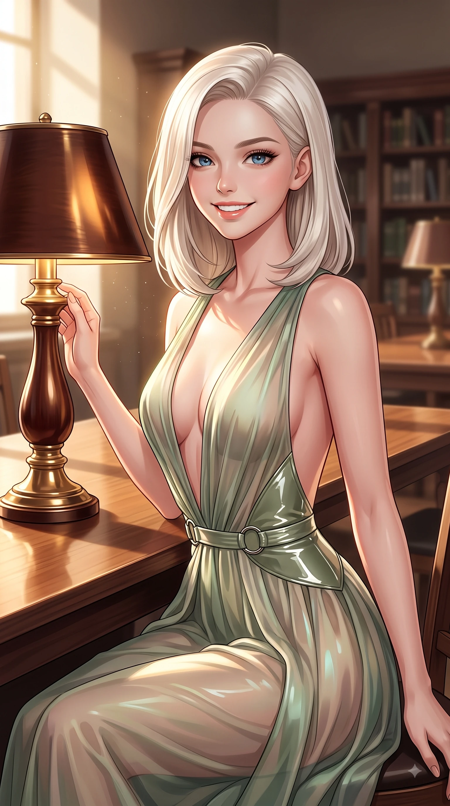 score_9, masterpiece, best quality, ultra-detailed, high-budget anime keyframe, editorial fashion photography, tasteful artistic composition, Caucasian woman. close-up cowboy shot from the waist and thighs up, the character dominates the composition, filling the frame with her large presence, background elements kept in soft focus. Youthful bright smile exuding pure cute charm and fresh energy, her torso turning dynamically into the lens while sitting at a long wooden study table in a quiet sunlit library room with an intelligent cute smile, polishing dark wood and brass reading lamps reflecting warm chiaroscuro light. She has an exceptionally elegant, slender, and willowy female figure with an ultra-slim waist, a gracefully sculpted slender torso, and a refined silhouette. sharp v-shaped jawline, high-bridge nose, intricate jewel-like eyes with depth, thick eyelashes, glossy lips with a natural sheen, flawlessly proportioned anatomical accuracy, natural body alignment, perfectly sculpted elegant limbs, clean dynamic posture without body distortion. wearing a translucent iridescent chiffon gown with a plunging neckline and open back in sage green and oatmeal, tailored from high-gloss patent leather, accented with delicate chrome ring hardware framing her waist, the elegant draped fit framing her graceful clavicle and slender torso. bathed in warm golden dusty sunbeams and clear ambient library illumination. highly saturated vibrant anime colors, detailed shading with soft gradients, rich glossy textures, high-contrast stereoscopic depth, volumetric dynamic lighting, master piece, 9:16 ratio