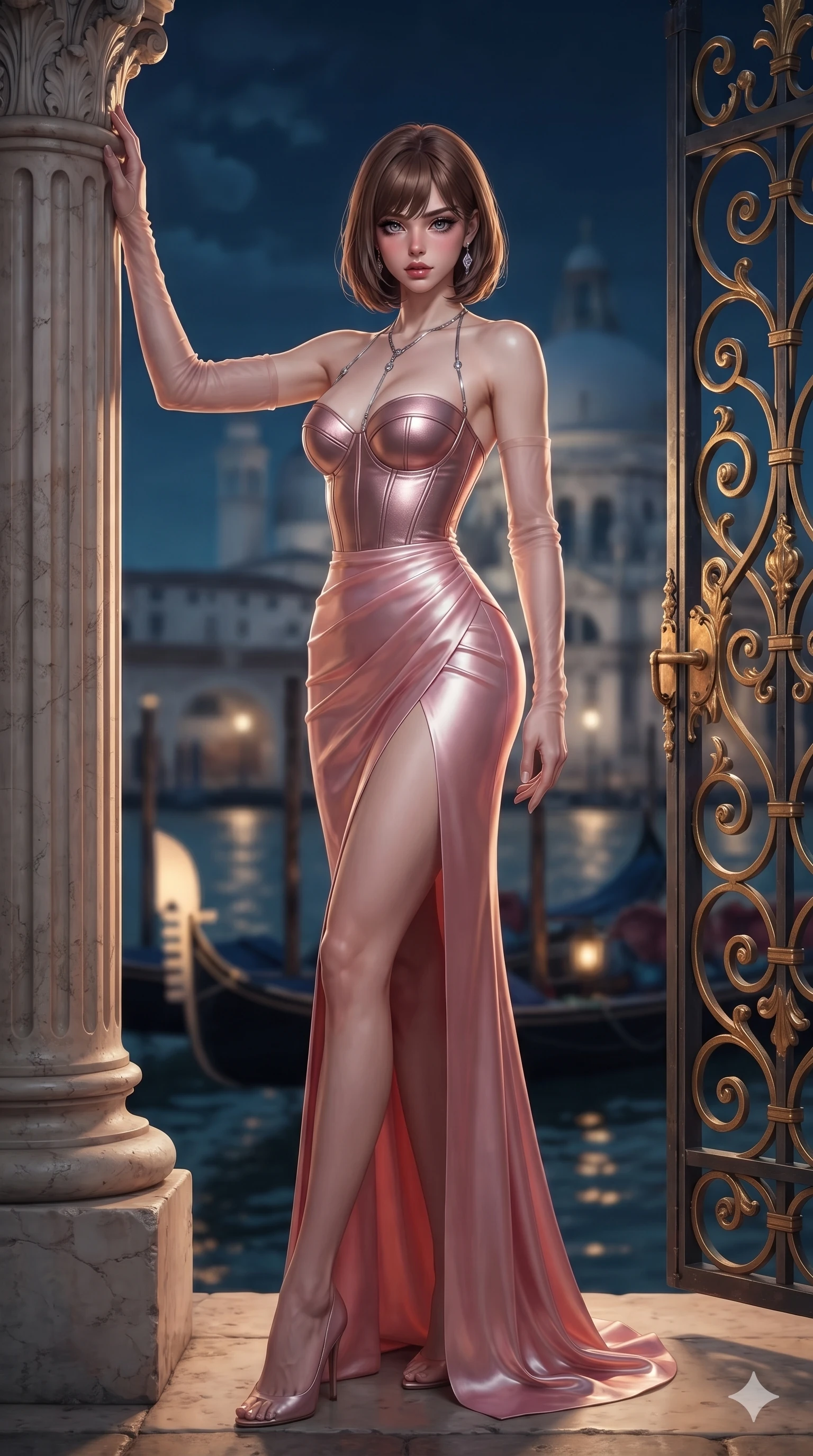 score_9, masterpiece, best quality, ultra-detailed, high-budget anime keyframe, editorial fashion photography, tasteful artistic composition, Caucasian woman. low angle full-body shot from head to toe showing her feet, filling the entire 9:16 vertical frame with her statuesque presence, stretching her vertical silhouette. standing tall beside the architectural column, one hand resting high while arching her lower back to emphasize her sculpted feminine hips and slender waist while leaning against the ornate gilded wrought-iron gate with hips cocked back, looking out over the moonlit lagoon with intoxicating bedroom-eyes. The composition keeps background elements in soft focus with creamy bokeh: lantern-lit gondola prows floating in the canal, weathered brick palazzo water arches, and distant church domes blurred into cobalt, aquamarine, and amber bokeh. She has an exceptionally tall and slender model-like 8.5-heads proportion, an ultra-slim waist, a flat toned midriff, narrow delicate ribcage, and beautifully sculpted feminine hips creating a graceful, slim hourglass silhouette without any bulky heaviness, with impossibly long slender legs. sharp v-shaped jawline, high-bridge nose, intricate jewel-like eyes with depth, thick eyelashes, glossy parted lips with a natural sheen, intensely captivating and seductive bedroom-eyes expression, flawlessly proportioned anatomical accuracy, strict slender model proportions, natural body alignment, perfectly sculpted long slender limbs, ultra-slim waistline, clean dynamic posture without body distortion. wearing a strapless velvet column gown with deep side slit, metallic leather corset bodice, and sheer opera gloves in prismatic rose-quartz and alien peach, crafted from fluid liquid silk satin that clings smoothly to her narrow waist and rounded hips with a dewy sheen, accented with a chrome-drop body harness subtly framing her dewy collarbones and spine, the high-slit wrap tailoring accentuating her ultra-slim waistline and the enchanting curve of her feminine hips with alluring seductive charm. illuminated by water reflection bounce and sharp cyan-amber rim lights defining her jawline, narrow waist, and curvy hips. ultra-reflective glossy finish, specular highlights, rich textural contrasts, high-contrast stereoscopic depth, volumetric dynamic lighting, 2k, ultra detail, master piece, 9:16 ratio