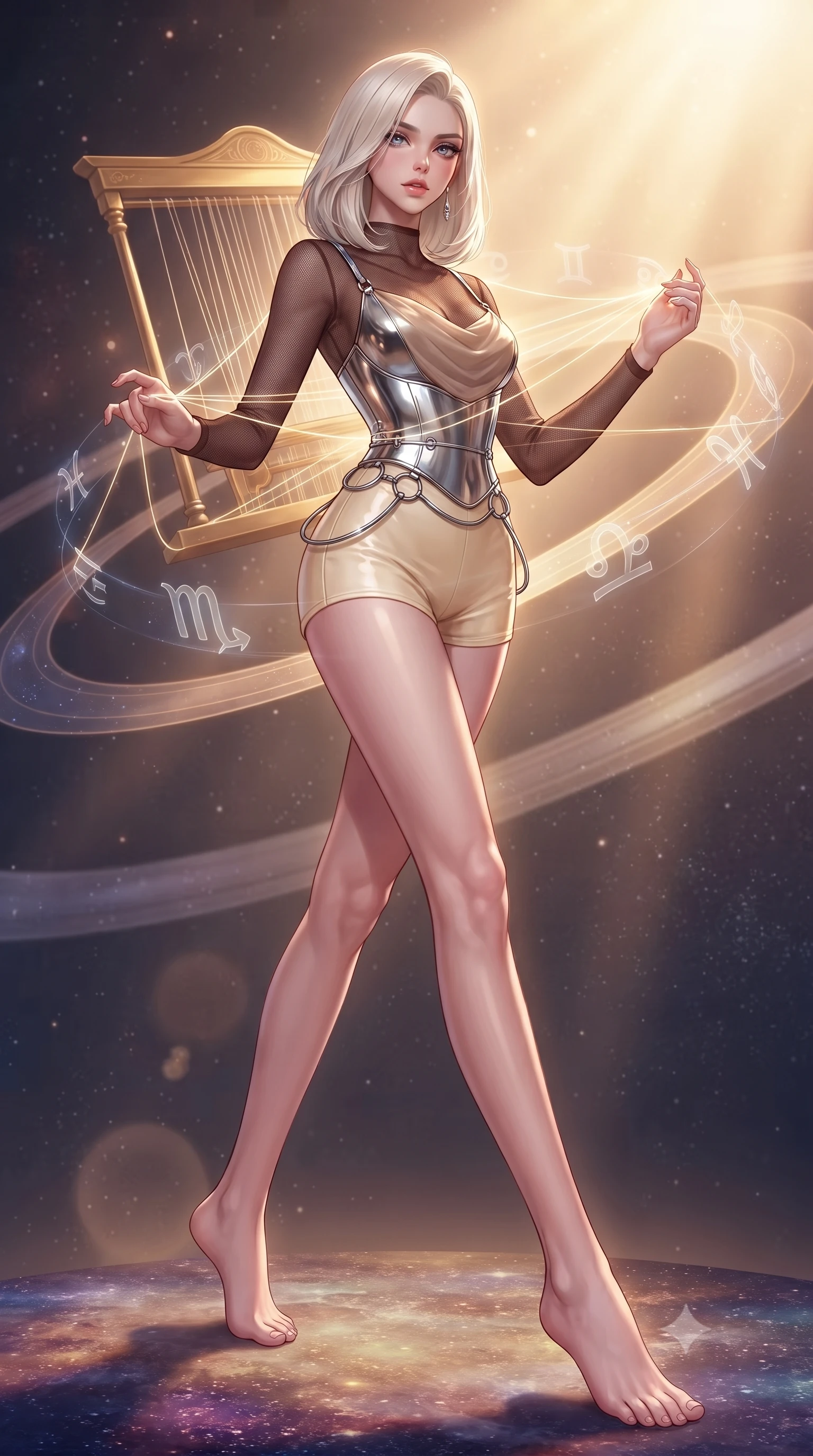 score_9, masterpiece, best quality, ultra-detailed, high-budget anime keyframe, editorial fashion photography, tasteful artistic composition, Caucasian woman. low angle full-body shot from head to toe showing her feet, filling the entire 9:16 vertical frame with her statuesque presence, stretching her vertical silhouette. stepping forward with proud posture, filling the vertical frame with her magnetic presence threading brilliant comet dust through a golden celestial loom, translucent zodiac glyphs orbiting around her delicate hands. She has an absolutely perfect, statuesque 8.5-heads proportion, an exceptionally tall and slender model-like female figure with impossibly long slender legs and an ultra-slim waist. sharp v-shaped jawline, high-bridge nose, intricate jewel-like eyes with depth, thick eyelashes, glossy lips with a natural sheen. wearing a chrome-plated structured bodice worn over a sheer mesh top and micro-shorts in espresso brown and warm cream, tailored from high-gloss patent leather, accented with delicate chrome ring hardware framing her waist, the elegant draped fit framing her graceful clavicle and slender torso. bathed in warm sunbursts filtering through floating orbital rings. highly saturated vibrant anime colors, detailed shading with soft gradients, rich glossy textures, high-contrast stereoscopic depth, volumetric dynamic lighting, master piece, 9:16 ratio