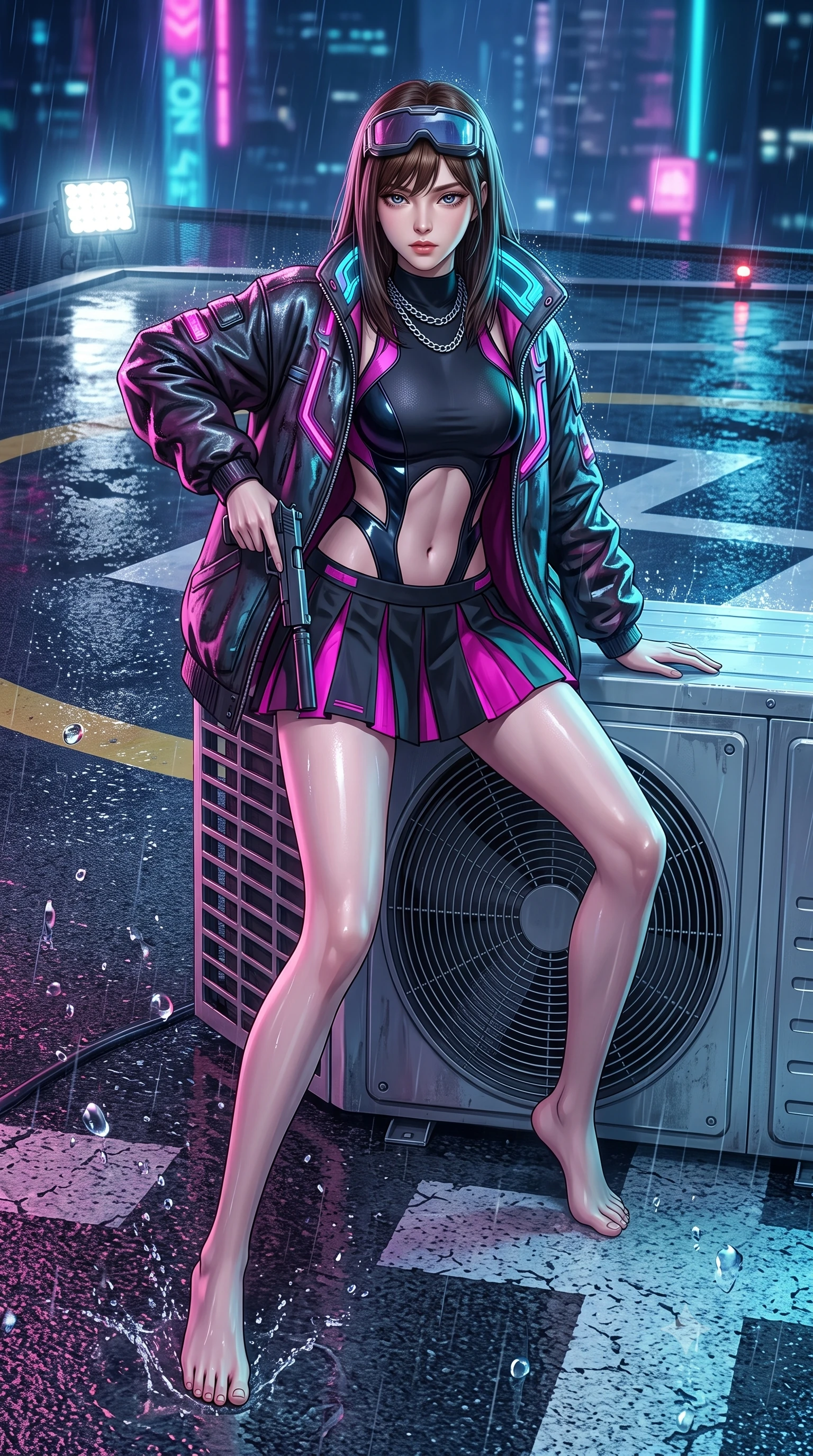 score_9, masterpiece, best quality, ultra-detailed, high-budget anime keyframe, semi-realistic 3D game render, editorial fashion photography, tasteful artistic composition, Korean woman. low angle full-body shot from head to toe showing her feet, filling the entire 9:16 vertical frame with her statuesque presence, stretching her vertical silhouette. landing lightly on the balls of her feet in a balanced kinetic stance, eyes locked onto the camera with fearless allure while drawing her sleek silenced sidearm in a fluid tactical draw while crouching behind an air-conditioning turbine unit. The surrounding environment is rendered in vivid detail and crisp panoramic clarity. sharp helipad marking paint textures, distinct water droplet splashes, and wet leather coat sheen in deep focus. She has an absolutely perfect, statuesque 8.5-heads proportion, an exceptionally tall and slender model-like female figure with impossibly long slender legs, a toned flat midriff, and an ultra-slim waist. sharp v-shaped jawline, high-bridge nose, intricate jewel-like eyes with depth, thick eyelashes, glossy lips with a natural sheen, captivating and magnetic expression, flawlessly proportioned anatomical accuracy, strict slender model proportions, natural body alignment, perfectly sculpted long slender limbs, ultra-slim waistline, clean dynamic posture without body distortion. wearing a daring cutout cyberpunk bodysuit paired with an oversized neon-accented bomber jacket and pleated micro-skirt in matte black and vivid magenta, tailored from second-skin aerodynamic stretch vinyl and insulated satin, accessorized with a chunky silver chain necklace and cyber-visor goggles resting on her brow, the form-contouring material adhering flawlessly to her sculpted flat midriff and slender torso, emphasizing her long leg lines and perfectly proportioned willowy build. illuminated by wet specular highlights tracing her sculpted flat midriff, waistline, and long legs. highly saturated vibrant anime colors, detailed shading with soft gradients, rich glossy textures, high-contrast stereoscopic depth, volumetric dynamic lighting, master piece, 9:16 ratio