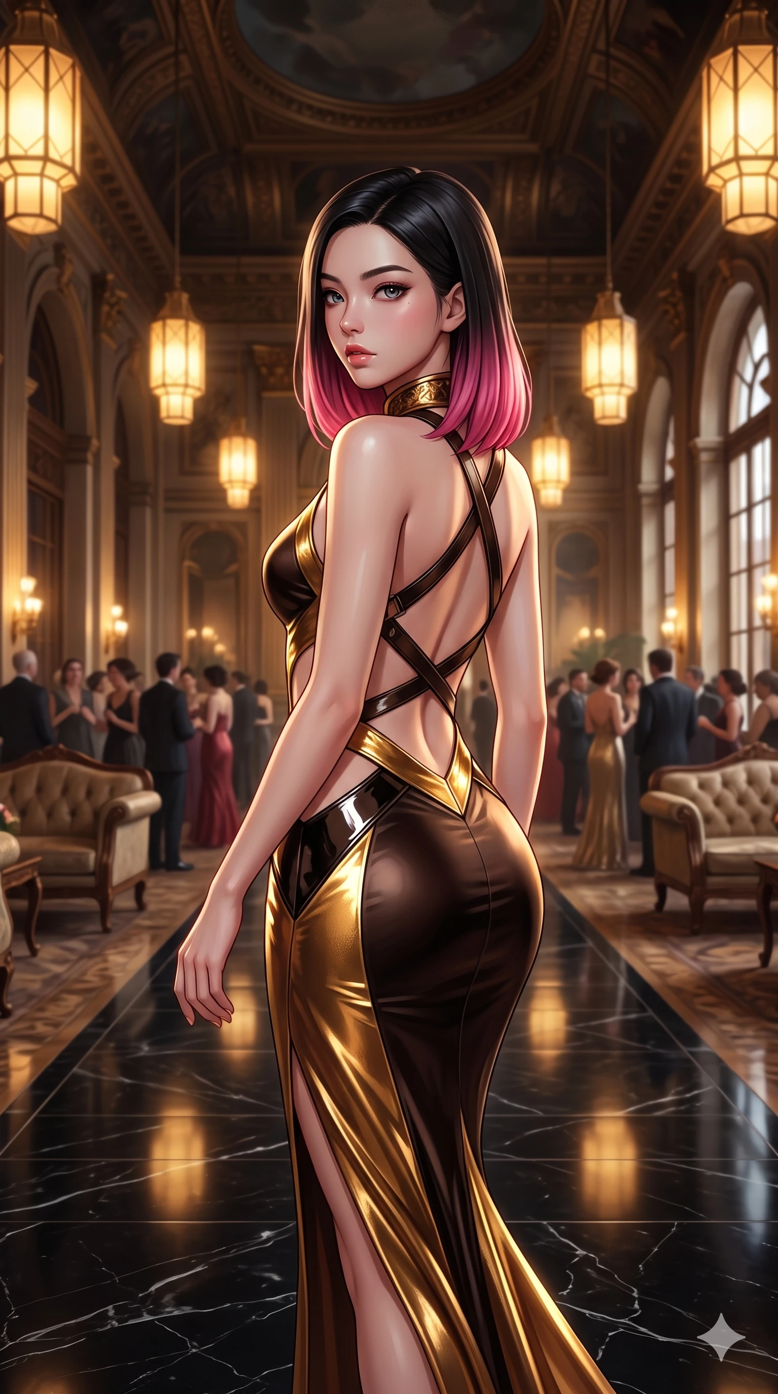 score_9, masterpiece, best quality, ultra-detailed, high-budget anime keyframe, semi-realistic 3D game render, editorial fashion photography, tasteful artistic composition, Korean woman. close-up cowboy shot from the waist and thighs up, the character dominates the composition, filling the frame with her large presence. posing in an alluring rear three-quarter angle, looking over a bare shoulder with parted glossy lips, her hips cocked back to highlight her slim hourglass curve while walking slowly down the polished black marble ballroom aisle with hypnotic grace, hips swaying in an alluring sensual rhythm that accentuates her curvy hourglass silhouette. The surrounding environment is rendered in vivid detail and crisp panoramic clarity: detailed high-Mandarin wrap dress tailoring, metallic lamé fabric sheen, and historic grand touring salon architecture in razor-sharp precision. She has an exceptionally elegant, slender, and willowy female figure with an ultra-slim waist, flat toned midriff, narrow ribcage, and sculpted feminine hips creating an alluring, slim hourglass silhouette without bulk. sharp v-shaped jawline, high-bridge nose, intricate jewel-like sparkling eyes with depth, thick eyelashes, glossy parted lips with a natural sheen, intensely captivating and seductive bedroom-eyes expression, exuding both youthful cute charm and sovereign luxury allure, flawlessly proportioned anatomical accuracy, strict slender model proportions, natural body alignment, perfectly sculpted long slender limbs, ultra-slim waistline, clean dynamic posture without body distortion. wearing a sculptured liquid-satin mermaid gown with an architectural open-waist cutout and bare spine in dark espresso brown and molten gold foil, tailored from high-gloss patent leather with mirror-like specular highlights, featuring an open-back criss-cross harness strap in dark leather, the high-slit wrap tailoring accentuating her ultra-slim waistline and the enchanting curve of her feminine hips with alluring seductive charm. bathed in the majestic, warm 2600K amber glow of geometric Lalique glass fixtures filtering through brass lattices. highly saturated vibrant anime colors, detailed shading with soft gradients, rich glossy textures, high-contrast stereoscopic depth, volumetric dynamic lighting, master piece, 9:16 ratio