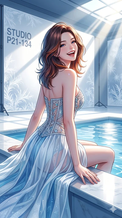 score_9, masterpiece, best quality, ultra-detailed, high-budget anime keyframe, vibrant anime aesthetic, Korean woman. cowboy shot from the thighs up, character and outfit filling the frame for maximum presence. She is sitting by the pool, looking ov