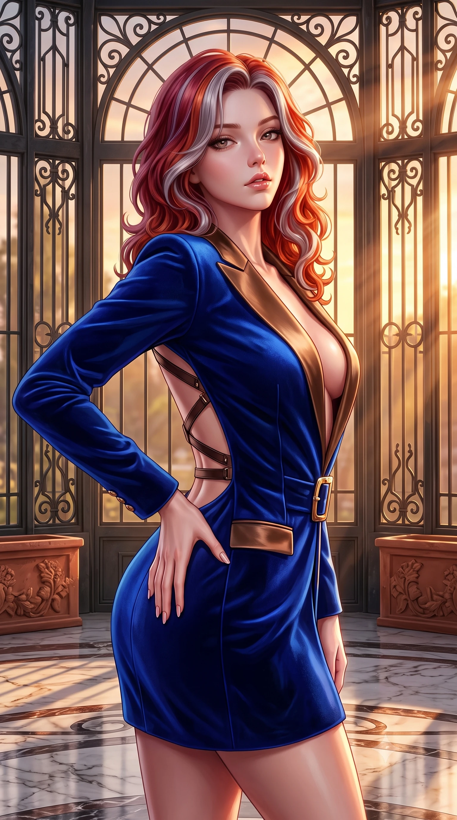 score_9, masterpiece, best quality, ultra-detailed, high-budget anime keyframe, semi-realistic 3D game render, editorial fashion photography, tasteful artistic composition, Caucasian woman. close-up cowboy shot from the waist and thighs up, the character dominates the composition, filling the frame with her large presence. resting one manicured hand delicately on her hip bone, her upper body turning in a fluid, seductive S-curve while parted lips glisten in the light while standing poised beneath soaring arched iron-and-glass windows, twisting her slender torso in an alluring contrapposto stance in the evening glow. The surrounding environment is rendered in vivid detail and crisp panoramic clarity. sharp wrought-iron conservatory mullions, terracotta planter reliefs, and marble floor veining in deep focus. She has an exceptionally elegant, slender, and willowy female figure with an ultra-slim waist, flat toned midriff, narrow ribcage, and sculpted feminine hips creating an alluring, slim hourglass silhouette without bulk. sharp v-shaped jawline, high-bridge nose, intricate jewel-like eyes with depth, thick eyelashes, glossy parted lips with a natural sheen, intensely captivating and seductive bedroom-eyes expression, flawlessly proportioned anatomical accuracy, strict slender model proportions, natural body alignment, perfectly sculpted long slender limbs, ultra-slim waistline, clean dynamic posture without body distortion. wearing a tailored velvet tuxedo jacket dress with satin lapels, worn with a deep plunge neckline and gold hip buckle in royal sapphire blue and liquid bronze, made of fluid silk crepe with delicate inner corsetry boning, featuring an open-back criss-cross harness strap in dark leather, the dramatically scooped open back descending to the base of her spine, accentuating her razor-sharp statuesque lines and slim hourglass silhouette. bathed in dramatic golden hour sunset rays streaming through towering glasshouse arched windows. highly saturated vibrant anime colors, detailed shading with soft gradients, rich glossy textures, high-contrast stereoscopic depth, volumetric dynamic lighting, master piece, 9:16 ratio