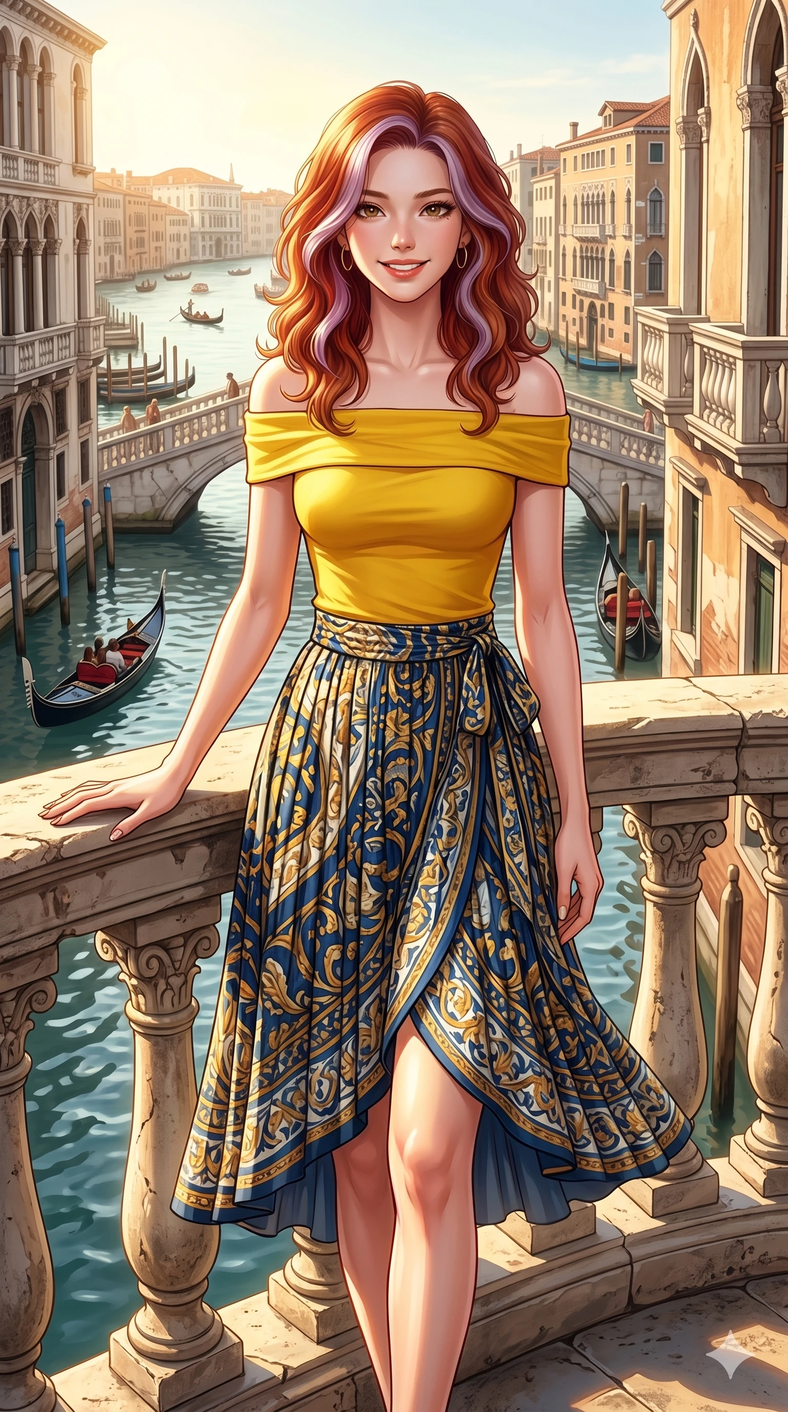 score_9, masterpiece, best quality, ultra-detailed, high-budget anime keyframe, editorial fashion photography, tasteful artistic composition, Caucasian woman, strictly human ears. cowboy shot from the thighs up, character and outfit filling the frame for maximum editorial presence. smiling happily, one hand resting on the ornate stone railing standing on a balcony of a classic hotel in Venice overlooking the canals. She has an absolutely perfect 8-heads proportion, an exceptionally tall and slender female figure with impossibly long slender legs and an ultra-slim waist. V-shaped jawline, high-bridge nose, intricate jewel-like eyes with depth, thick eyelashes, glossy lips with a natural sheen. wearing a yellow off-shoulder top showing her elegant clavicle lines, and a wrap skirt. drenched in bright afternoon sunshine casting warm rays over the Venice canals. 2k, ultra detail, master piece, 9:16 ratio