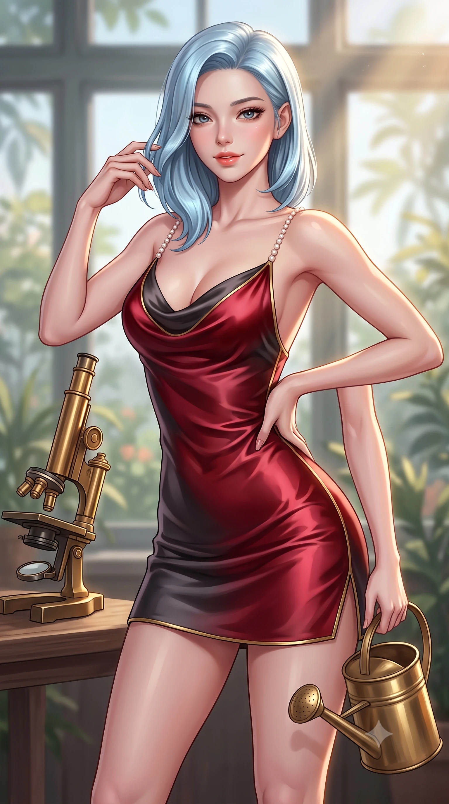 score_9, masterpiece, best quality, ultra-detailed, high-budget anime keyframe, semi-realistic 3D game render, editorial fashion photography, tasteful artistic composition, Korean woman. close-up cowboy shot from the waist and thighs up, the character dominates the composition, filling the frame with her large presence. twisting her slender torso in an alluring contrapposto stance, one hand resting on her sculpted hip while her fingers toy with her hair with effortless poise while twisting her slender torso in an alluring S-curve beside the brass microscope, afternoon sunbeams illuminating her narrow waist and hips. The background shows a soft-focus glasshouse flora visible through windows softened in quiet scholarly shallow focus. She has an exceptionally elegant, slender, and willowy female figure with an ultra-slim waist, flat toned midriff, narrow ribcage, and sculpted feminine hips creating an alluring, slim hourglass silhouette without bulk. sharp v-shaped jawline, high-bridge nose, sparkling eyes with hypnotic seductive depth, thick curled eyelashes, glossy parted lips with a natural dewy peach sheen, alluring bedroom-eyes with an enchanting coquettish smile, exuding magnetic siren charisma and sophisticated glamour, flawlessly proportioned anatomical accuracy, strict slender model proportions, natural body alignment, perfectly sculpted long slender limbs, ultra-slim waistline, clean dynamic posture without body distortion. wearing a low-cut draped cowl-back satin slip mini dress with dainty pearl spaghetti straps and hip-hugging cut in rich cherry lacquer and smoky charcoal with gold piping, crafted from fluid liquid silk satin that clings smoothly to every curve with a dewy sheen, finished with an antique brass watering can held casually at her side, the glove-like clinging cut tightly following the natural contour of her hips and long slender legs with youthful 8.5-heads elegance. illuminated by parchment reflection fill and sharp warm-amber rim lights defining her delicate clavicles, narrow waist, and curvy hips. highly saturated vibrant anime colors, detailed shading with soft gradients, rich glossy textures, high-contrast stereoscopic depth, volumetric dynamic lighting, master piece, 9:16 ratio