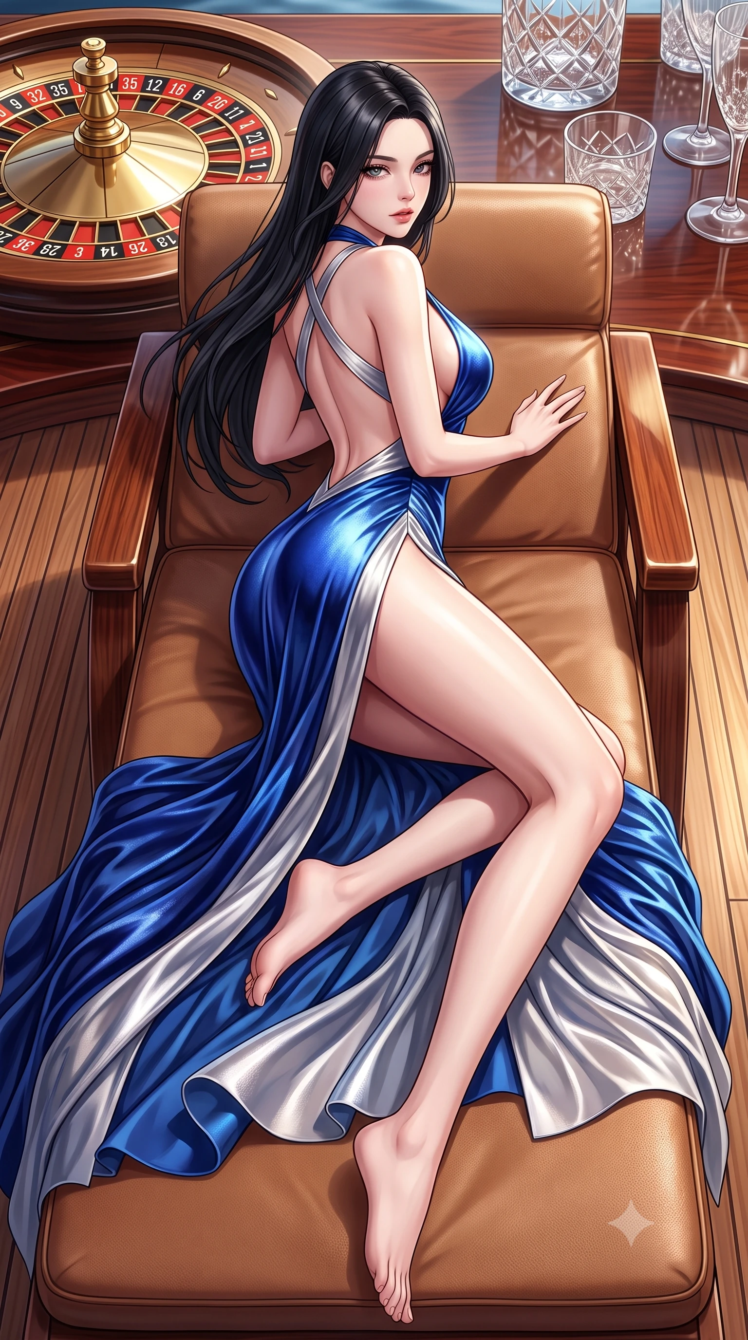 score_9, masterpiece, best quality, ultra-detailed, high-budget anime keyframe, semi-realistic 3D game render, editorial fashion photography, tasteful artistic composition, Korean woman. low angle full-body shot from head to toe showing her feet, filling the entire 9:16 vertical frame with her statuesque presence, stretching her vertical silhouette. executing an elegant mid-motion pivot turn as garments swirl around her slender limbs, glancing over her shoulder with an intoxicating bedroom-gaze while lounging languidly across an outdoor leather yacht lounger, one leg extended and torso propped on one elbow to accentuate her sweeping hip line. The surrounding environment is rendered in vivid detail and crisp panoramic clarity. sharp roulette wheel brass numerals, polished mahogany wood grain, and crystal glass facets in deep focus. She has an absolutely perfect, statuesque 8.5-heads proportion, an exceptionally tall and slender model-like female figure with impossibly long slender legs, a toned flat midriff, an ultra-slim waist, and beautifully sculpted feminine hips. sharp v-shaped jawline, high-bridge nose, intricate jewel-like eyes with depth, thick eyelashes, glossy parted lips with a natural sheen, intensely captivating and seductive bedroom-eyes expression, flawlessly proportioned anatomical accuracy, strict slender model proportions, natural body alignment, perfectly sculpted long slender limbs, ultra-slim waistline, clean dynamic posture without body distortion. wearing a plunging halter-neck liquid metallic gown with an ultra-deep open back and an ultra-high side slit ascending to the hip in royal sapphire blue and brushed platinum, crafted from heavyweight crushed silk velvet with liquid luster, finished with criss-cross back satin straps highlighting her graceful shoulder blades, the form-contouring material adhering flawlessly to her sculpted flat midriff and slender torso, emphasizing her long leg lines and perfectly proportioned willowy build. surrounded by an elite, intoxicating, and irresistibly glamorous Monte Carlo heiress aura. highly saturated vibrant anime colors, detailed shading with soft gradients, rich glossy textures, high-contrast stereoscopic depth, volumetric dynamic lighting, master piece, 9:16 ratio