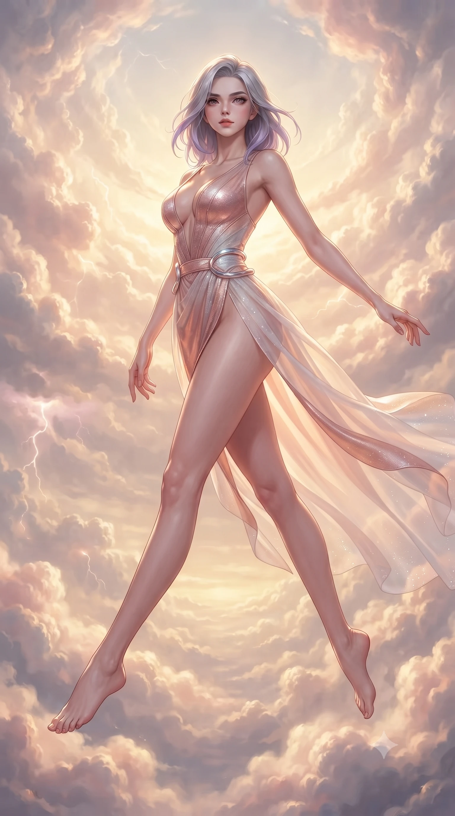 score_9, masterpiece, best quality, ultra-detailed, high-budget anime keyframe, editorial fashion photography, tasteful artistic composition, Caucasian woman. low angle full-body shot from head to toe showing her feet, filling the entire 9:16 vertical frame with her statuesque presence, stretching her vertical silhouette. leaping dynamically through the luminous sky, her posture full of power and elegance, walking through a cloud sanctuary as soft thunderless lightning glows within cloud walls, endless atmospheric depth with layered clouds fading into golden distance. She has an absolutely perfect, statuesque 8.5-heads proportion, an exceptionally tall and slender model-like female figure with impossibly long slender legs and an ultra-slim waist. sharp v-shaped jawline, high-bridge nose, intricate jewel-like eyes with depth, thick eyelashes, glossy lips with a natural sheen. wearing low-cut structured bodice gown in liquid pearl with high leg slit in rose-gold pink, made of sheer opal chiffon overlay, accented with sculpted opal chrome rings at the waist, the fitted fabric emphasizing her ultra-slim waist. bathed in warm golden sunrise beams filtering through soft rose clouds. ultra-reflective glossy finish, specular highlights, metallic sheen, high-contrast stereoscopic depth, volumetric dynamic lighting, 2k, ultra detail, master piece, 9:16 ratio