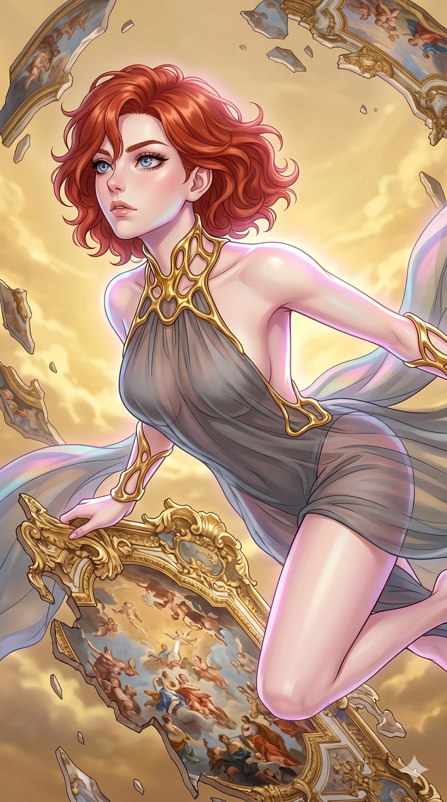 score_9, masterpiece, best quality, ultra-detailed, high-budget anime keyframe, Caucasian woman, strictly human ears. upper body close-up from the thighs up, character filling the screen for maximum presence. propelling herself off digital baroque ceiling fresco shards that float and reassemble in a golden sky. She has an absolutely perfect 8-heads proportion, an exceptionally tall and slender female figure with impossibly long slender legs and an ultra-slim waist. V-shaped jawline, high-bridge nose, intricate jewel-like eyes with depth, thick eyelashes, glossy lips with a natural sheen.. wearing a molten gold and chiffon gown, featuring organic liquid gold collar and cuffs on a translucent charcoal-gray halter neck chiffon gown with a deep backless design. enhanced by a luminous pastel spectrum glow, casting elegant rim lights on her shoulders and jawline. 2k, ultra detail, master piece, 9:16 ratio