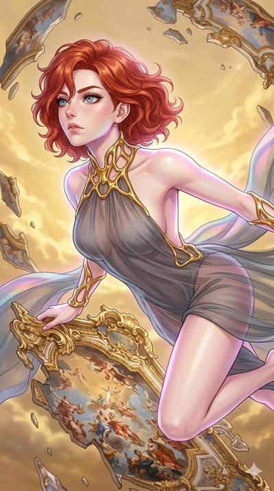score_9, masterpiece, best quality, ultra-detailed, high-budget anime keyframe, Caucasian woman, strictly human ears. upper body close-up from the thighs up, character filling the screen for maximum presence. propelling herself off digital baroque ce