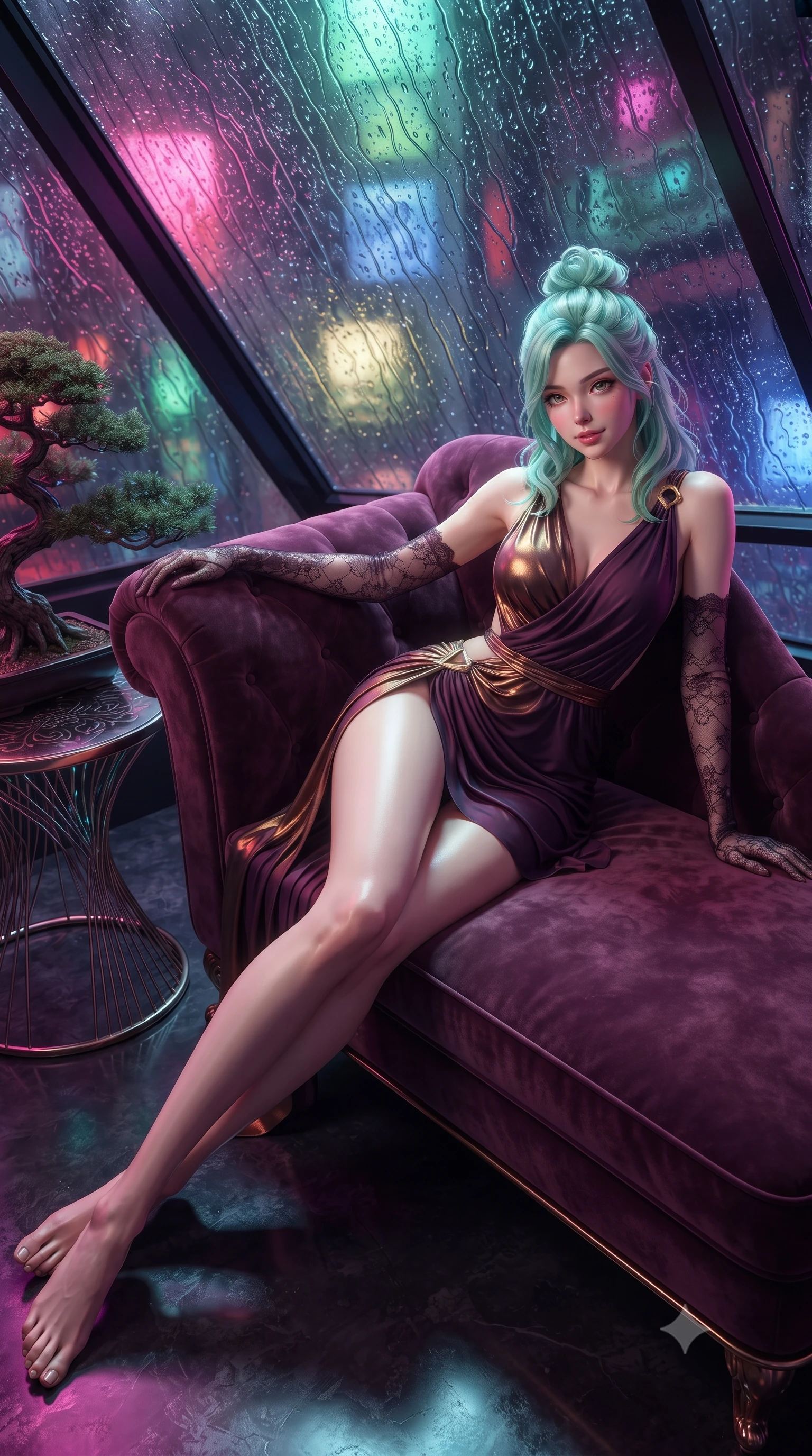 score_9, masterpiece, best quality, ultra-detailed, high-budget anime keyframe, editorial fashion photography, tasteful artistic composition, Japanese woman. low angle full-body shot from head to toe showing her feet, filling the entire 9:16 vertical frame with her statuesque presence, stretching her vertical silhouette. reclining gracefully across the plush chaise lounge with one leg extended, her sculpted silhouette and flat midriff radiating magnetic nocturnal glamour while twisting her slender torso in an alluring contrapposto stance, raindrops drumming on glass above as neon reflections wash over her curves. The surrounding environment is rendered in vivid detail and crisp panoramic clarity: sharp rain stream rivulets on glass, ancient bonsai bark textures, and glowing micro-fiber needle endpoints in deep focus. She has an absolutely perfect, statuesque 8.5-heads proportion, an exceptionally tall and slender model-like female figure with impossibly long slender legs, an ultra-slim waist, a flat toned midriff, narrow delicate ribcage, and beautifully sculpted feminine hips creating a graceful, slim hourglass silhouette without any bulky heaviness. sharp v-shaped jawline, high-bridge nose, sparkling eyes with hypnotic seductive depth, thick curled eyelashes, glossy parted lips with a natural dewy peach sheen, alluring bedroom-eyes with an enchanting coquettish smile, exuding magnetic siren charisma and sophisticated glamour, flawlessly proportioned anatomical accuracy, strict slender model proportions, natural body alignment, perfectly sculpted long slender limbs, ultra-slim waistline, clean dynamic posture without body distortion. wearing a draped Greek-goddess style silk chiffon mini toga dress with an open back and golden hip fibula in rich dark plum violet and gilded bronze, tailored from ultra-plush velvet with rich tactile depth and deep shadow gradients, complemented by sheer opera-length lace evening gloves tracing her slender arms, the high-slit wrap tailoring accentuating her ultra-slim waistline and the enchanting curve of her feminine hips with alluring seductive charm. bathed in dynamic shifting multi-color neon light transmitted through rain-streaked exterior glass. ultra-reflective glossy finish, specular highlights, rich textural contrasts, high-contrast stereoscopic depth, volumetric dynamic lighting, 2k, ultra detail, master piece, 9:16 ratio