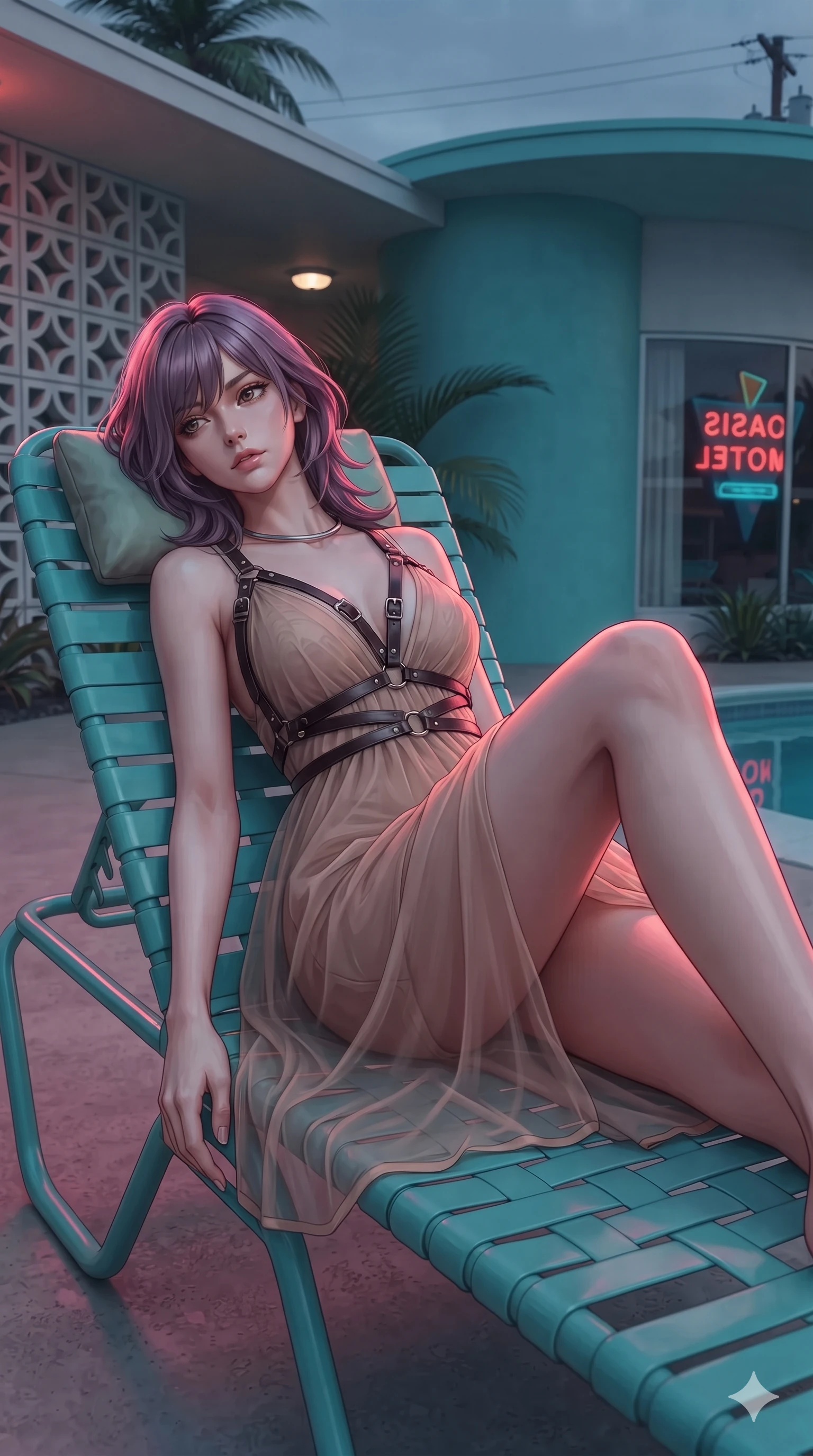 score_9, masterpiece, best quality, ultra-detailed, high-budget anime keyframe, editorial fashion photography, tasteful artistic composition, Japanese woman. low angle full-body shot from head to toe showing her feet, filling the entire 9:16 vertical frame with her statuesque presence, stretching her vertical silhouette. reclining gracefully across the plush chaise lounge with one leg extended, her sculpted silhouette and flat midriff radiating magnetic nocturnal glamour while lounging back across a vintage turquoise plastic pool lounger propped on both elbows, her flat midriff and feminine hips bathed in vibrant coral and cyan neon. The surrounding environment is rendered in vivid detail and crisp panoramic clarity: detailed wet-look swimsuit cling, glossy lip sheen, and mid-century motel architecture in high resolution. She has an absolutely perfect, statuesque 8.5-heads proportion, an exceptionally tall and slender model-like female figure with impossibly long slender legs, an ultra-slim waist, a flat toned midriff, narrow delicate ribcage, and beautifully sculpted feminine hips creating a graceful, slim hourglass silhouette without any bulky heaviness. sharp v-shaped jawline, high-bridge nose, sparkling eyes with hypnotic seductive depth, thick curled eyelashes, glossy parted lips with a natural dewy peach sheen, alluring bedroom-eyes with an enchanting coquettish smile, exuding magnetic siren charisma and sophisticated glamour, flawlessly proportioned anatomical accuracy, strict slender model proportions, natural body alignment, perfectly sculpted long slender limbs, ultra-slim waistline, clean dynamic posture without body distortion. wearing a plunge-front sheer illusion tulle slip dress with distressed leather harness straps contouring her spine in dark espresso leather and warm amber highlights, featuring strategic sheer-illusion micro-mesh cutouts along her ribcage and hip flanks, finished with a minimalist chrome choker and a single turquoise stone pendant, the precision-cut side openings and low-back scoop framing her graceful spine and the sensual sweep of her slim, toned hips. illuminated by turquoise water surface bounce and sharp neon-coral rim lights sculpting her razor-sharp jawline, narrow waist, and curvy hips. ultra-reflective glossy finish, specular highlights, rich textural contrasts, high-contrast stereoscopic depth, volumetric dynamic lighting, 2k, ultra detail, master piece, 9:16 ratio