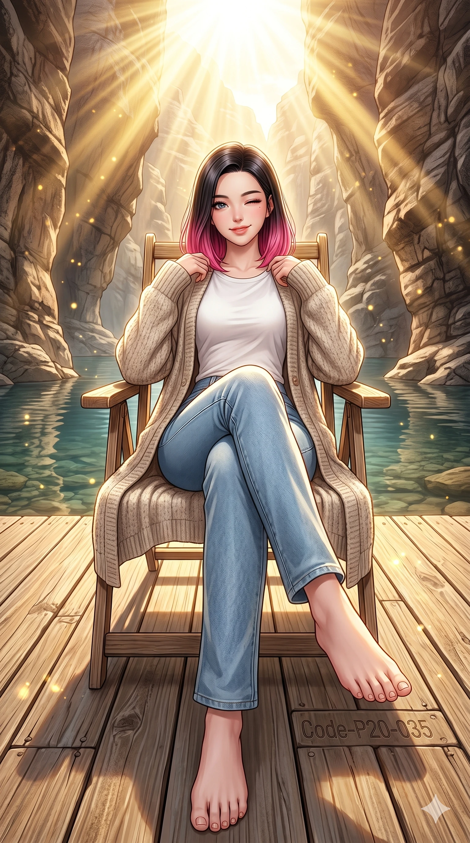 score_9, masterpiece, best quality, ultra-detailed, high-budget anime keyframe, vibrant anime aesthetic, Korean woman. low angle full-body shot from head to toe showing her feet, filling the entire 9:16 vertical frame with her statuesque presence, stretching her vertical silhouette. She is sitting in a sunlit chair, winking with a cheerful and sensual half-smile on a wooden deck over a calm river pool inside a sunlit rocky canyon (Code-P20-035). She has an absolutely perfect 8-heads proportion, an exceptionally tall and slender female figure with impossibly long slender legs and an ultra-slim waist. V-shaped jawline, high-bridge nose, intricate jewel-like eyes with depth, thick eyelashes, glossy lips with a natural sheen. wearing a cozy long cardigan over a cotton tee and straight-leg denim. She is brilliant golden rays radiating from the spring sky, creating a warm glowing atmosphere. 2k, ultra detail, master piece, 9:16 ratio