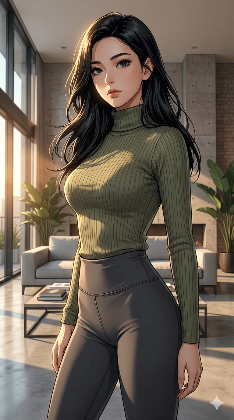 score_9, masterpiece, best quality, ultra-detailed, semi-realistic high-budget anime keyframe, an incredibly beautiful Japanese woman. Dynamic low angle shot filling the frame. She has an absolutely perfect 8-heads proportion, an exceptionally tall female figure with a slim-fit toned body. Her face is a highly detailed masterpiece featuring a v-shaped jawline, high-bridge nose, intricate jewel-like eyes, thick eyelashes, and glossy lips. She has raven black flowing hair. She is wearing a seductive skin-tight ribbed turtleneck sweater and sensual yoga pants, highlighting her alluring silhouette. High-end modern living room, warm sunlight, dramatic rim lighting, cinematic shadows, 2k, ultra detail, master piece, 9:16 ratio
