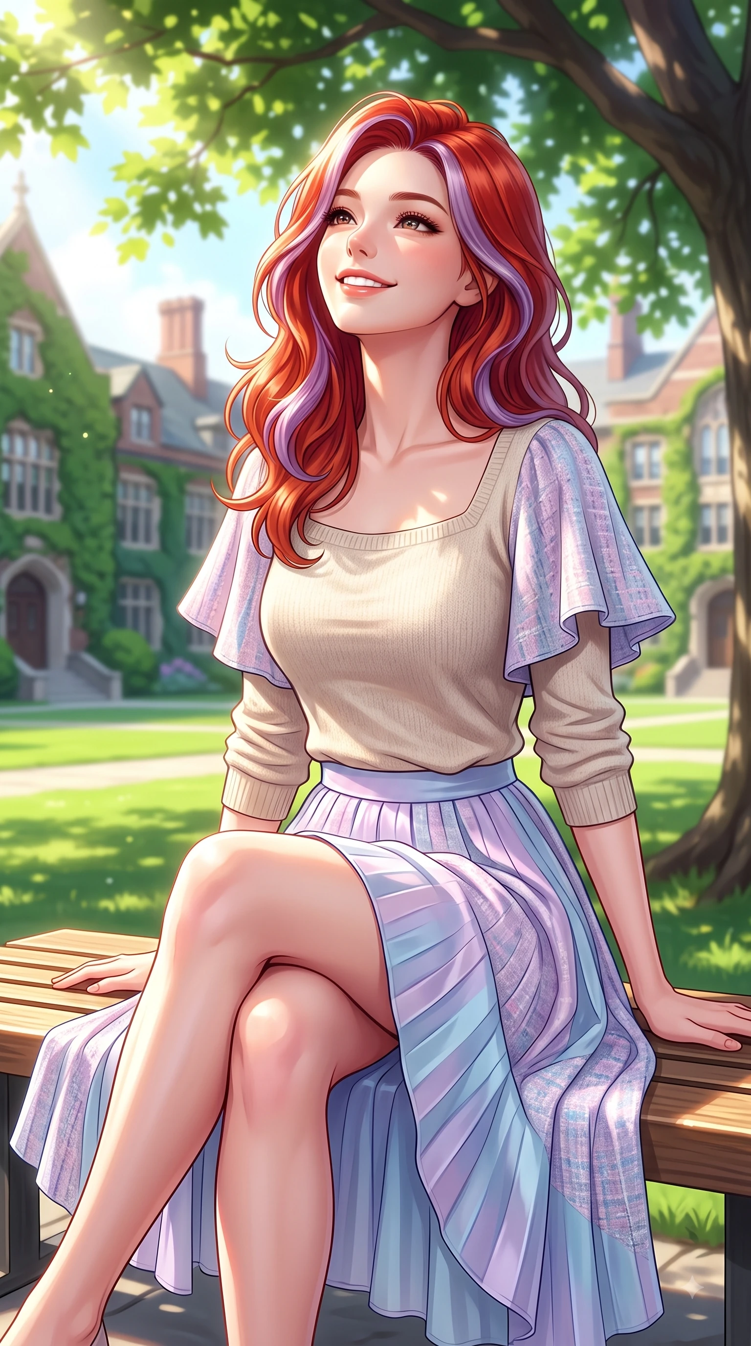 score_9, masterpiece, best quality, ultra-detailed, high-budget anime keyframe, editorial fashion photography, tasteful artistic composition, Caucasian woman. close-up cowboy shot from the waist and thighs up, the character dominates the composition, filling the frame with her large presence. Tilting her chin up with a sweet beaming smile of pure delight while balancing dynamically amidst the scene while sitting on a sunlit wooden bench under a shady maple tree on a bright morning campus. The composition keeps background elements in soft focus with dreamy bokeh. lush green quad lawns and historical college buildings blurred in dreamy shallow focus. She has an exceptionally elegant, slender, and willowy female figure with an ultra-slim waist, a gracefully sculpted slender torso, and a refined silhouette. sharp v-shaped jawline, high-bridge nose, intricate jewel-like eyes with depth, thick eyelashes, glossy lips with a natural sheen, flawlessly proportioned anatomical accuracy, natural body alignment, perfectly sculpted elegant limbs, clean dynamic posture without body distortion. wearing a soft oatmeal cashmere pullover sweater paired with a flowing pleated satin skirt in soft pastel lavender and sky blue, tailored from soft pastel tweed with subtle metallic thread, featuring elegant flutter sleeves and a graceful square neckline, the breezy lightweight fabric fluttering softly against her delicate frame. bathed in brilliant sunny morning light filtering through tree canopies. highly saturated vibrant anime colors, detailed shading with soft gradients, rich glossy textures, high-contrast stereoscopic depth, volumetric dynamic lighting, master piece, 9:16 ratio