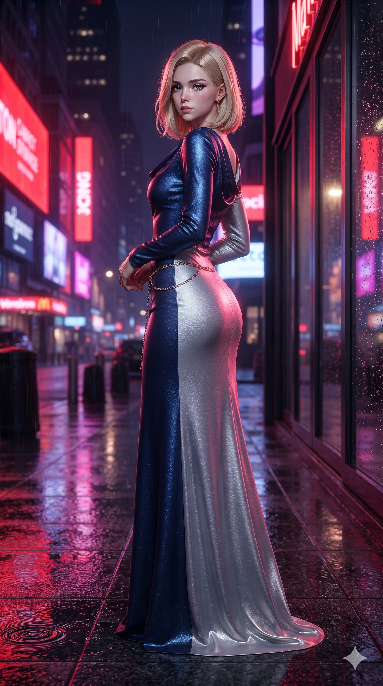 score_9, masterpiece, best quality, ultra-detailed, high-budget anime keyframe, editorial fashion photography, tasteful artistic composition, Korean woman. low angle full-body shot from head to toe showing her feet, filling the entire 9:16 vertical frame with her statuesque presence, stretching her vertical silhouette. executing a slow, graceful pivot turn as her silk wrap skirt sways around her slender legs, glancing back with an enchanting, teasing sensual expression while twisting her slender torso in an alluring contrapposto, vibrant scarlet and violet billboard reflections tracing her flat midriff and hourglass curves. The surrounding environment is rendered in vivid detail and crisp panoramic clarity: sharp water puddle reflection ripples on black granite tiles, crisp raindrop speculars on glass, and neon tube glass details in deep focus. She has an exceptionally tall and slender model-like 8.5-heads proportion, an ultra-slim waist, a flat toned midriff, narrow delicate ribcage, and beautifully sculpted feminine hips creating a graceful, slim hourglass silhouette without any bulky heaviness, with impossibly long slender legs. sharp v-shaped jawline, high-bridge nose, intricate jewel-like sparkling eyes with depth, thick eyelashes, glossy parted lips with a natural sheen, intensely captivating and seductive bedroom-eyes expression, exuding both youthful cute charm and sovereign luxury allure, flawlessly proportioned anatomical accuracy, strict slender model proportions, natural body alignment, perfectly sculpted long slender limbs, ultra-slim waistline, clean dynamic posture without body distortion. wearing a modest long-sleeve cowl-neck satin column gown draping gracefully to the floor with aristocratic poise in midnight sapphire blue and liquid platinum, woven from high-density tech-wool with subtle metallic thread weave, accented with a delicate gold chain belt resting loosely on her curvy hips, the impeccably tailored cut draping gracefully along her slender figure with aristocratic poise. bathed in the intense, high-saturation glow of multi-colored neon signage reflecting off wet surfaces. ultra-reflective glossy finish, specular highlights, rich textural contrasts, high-contrast stereoscopic depth, volumetric dynamic lighting, 2k, ultra detail, master piece, 9:16 ratio