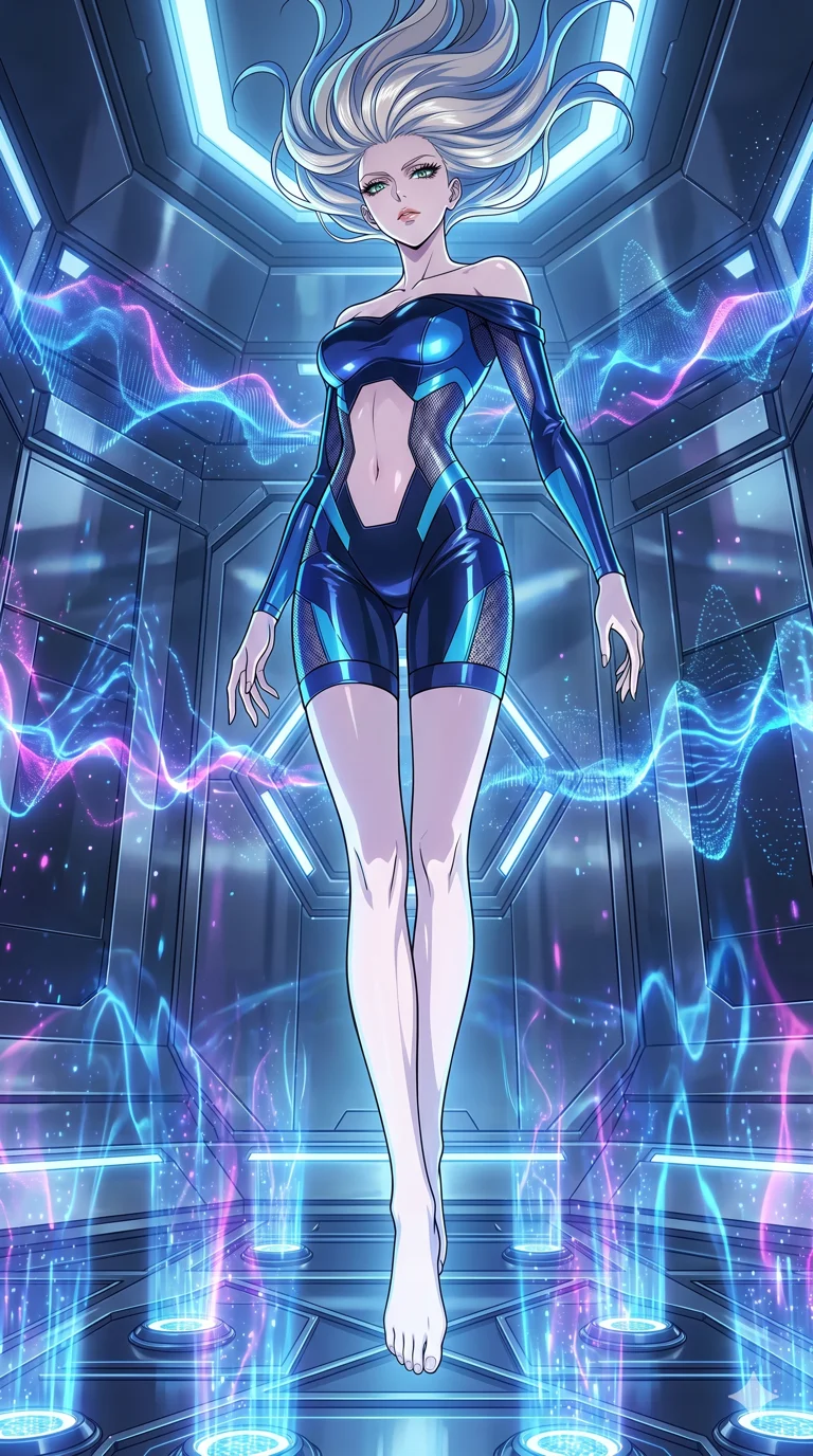 score_9, masterpiece, best quality, ultra-detailed, High-budget Anime Keyframe, vibrant colors, fluid line-art, expressive lighting, cinematic composition, Ufotable-style visual effects, top-tier animation quality, Caucasian woman with pale skin and refined features. Dynamic full-body shot stretching the vertical silhouette, capturing her from a powerful low-angle perspective. Floating within a high-frequency vibration chamber where the atmosphere becomes visible waves. She has an absolutely perfect 8-heads proportion, an exceptionally tall and slender female figure with impossibly long slender legs and an ultra-slim waist, her statuesque height and towering silhouette dominating the vertical 9:16 frame. Her face is a masterpiece featuring a sharp v-shaped jawline, high-bridge nose, intricate jewel-like eyes with depth, thick eyelashes, and glossy lips with a natural sheen. She is wearing a Off-shoulder tech-suit made of high-gloss synthetic fibers, featuring strategic micro-mesh panels. The scene is set in a chamber of echoes where every sound creates beautiful liquid patterns in the air. 2k, ultra detail, master piece, 9:16 ratio