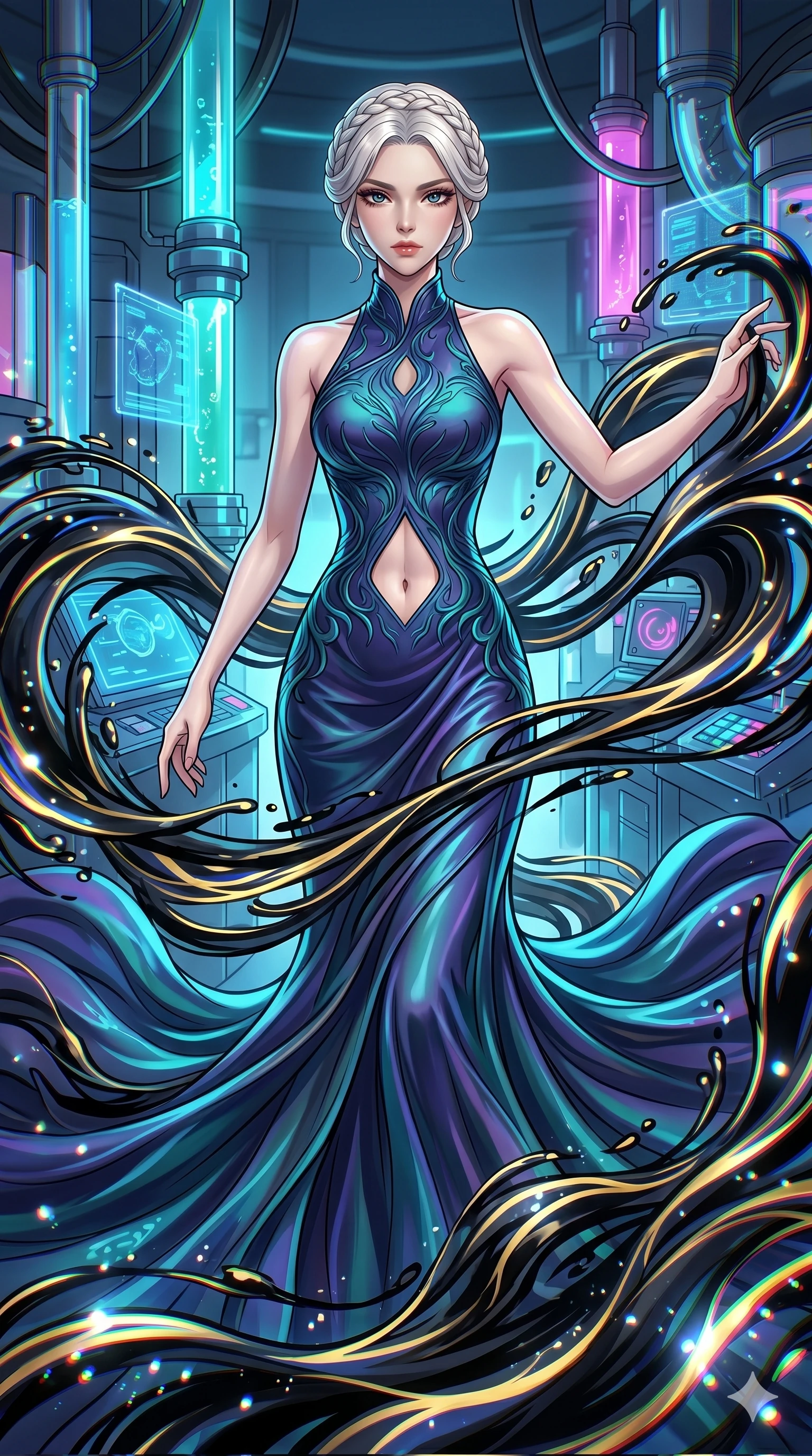 score_9, masterpiece, best quality, ultra-detailed, High-budget Anime Keyframe, vibrant colors, fluid line-art, expressive lighting, cinematic composition, Ufotable-style visual effects, top-tier animation quality, Korean woman with idol-like refined features. Medium shot from the thighs up, her commanding presence occupying two-thirds of the frame. Gracefully weaving through a sea of swirling ink waves that pulse with rhythmic energy. She has an absolutely perfect 8-heads proportion, an exceptionally tall and slender female figure with impossibly long slender legs and an ultra-slim waist, her statuesque height and towering silhouette dominating the vertical 9:16 frame. Her face is a masterpiece featuring a sharp v-shaped jawline, high-bridge nose, intricate jewel-like eyes with depth, thick eyelashes, and glossy lips with a natural sheen. She is wearing a Flowing silk gown that ripples like liquid, featuring a small diamond-shaped cutout at the navel. The scene is set in a futuristic vibration lab filled with glowing resonators and liquid displays. 2k, ultra detail, master piece, 9:16 ratio