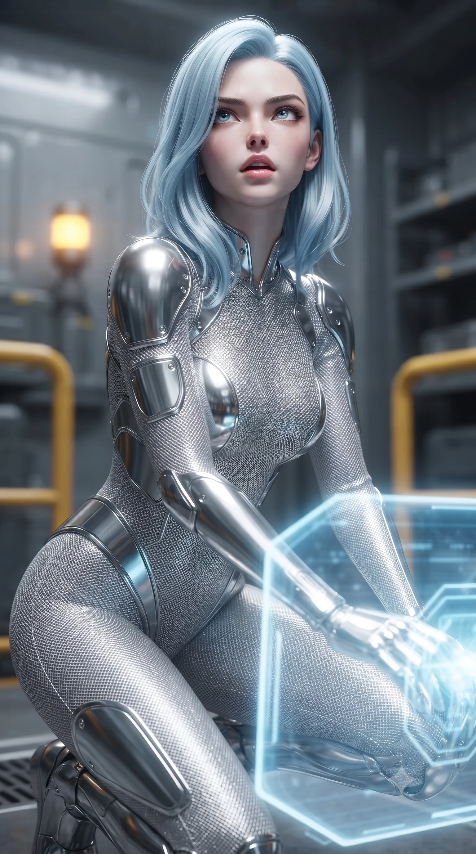 score_9, masterpiece, best quality, ultra-detailed, high-budget anime keyframe, editorial fashion photography, tasteful artistic composition, Korean woman. close-up cowboy shot from the waist and thighs up, the character dominates the composition, filling the frame with her large presence, background elements kept in soft focus. crouching slightly behind a glowing holographic shield emitter, looking up with defiance and lips slightly parted, the background shows a soft-focus a replicator cargo elevator platform with yellow beacons and safety racks. She has an exceptionally elegant, slender, and willowy female figure with an ultra-slim waist, a gracefully sculpted slender torso, and a refined silhouette. sharp v-shaped jawline, high-bridge nose, intricate jewel-like eyes with depth, thick eyelashes, glossy lips with a natural sheen. wearing a body-hugging delicate silver nano-mesh bodysuit with strategically placed chrome armor plate guards covering key curves. dynamic moving light beams from passing elevator shaft signal lamps. ultra-reflective glossy finish, specular highlights, metallic sheen, high-contrast stereoscopic depth, volumetric dynamic lighting, 2k, ultra detail, master piece, 9:16 ratio