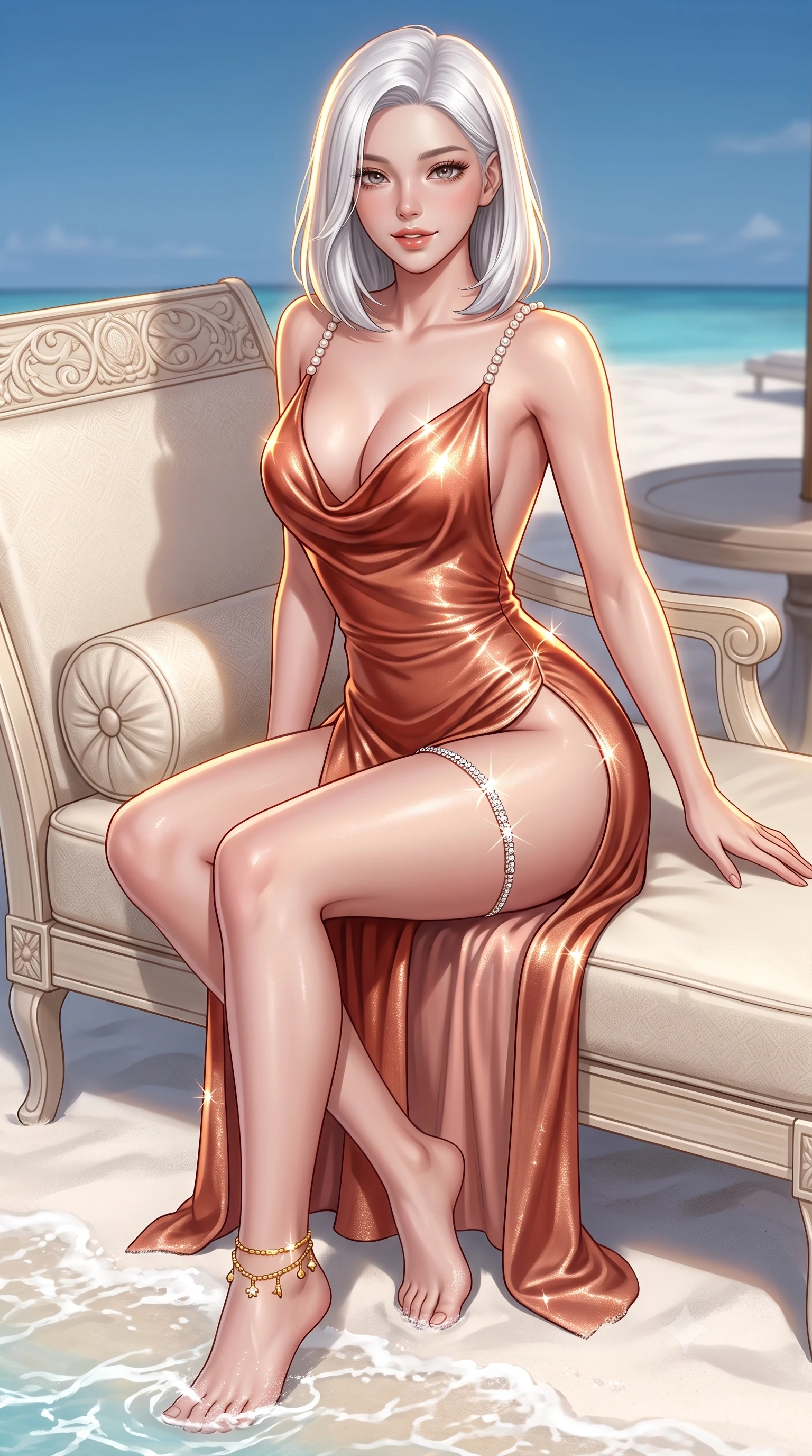 score_9, masterpiece, best quality, ultra-detailed, high-budget anime keyframe, semi-realistic 3D game render, editorial fashion photography, tasteful artistic composition, Korean woman. close-up cowboy shot from the waist and thighs up, the character dominates the composition, filling the frame with her large presence. perched sideways on the lounge seat, one knee drawn up to showcase her slender leg line while her arched back accentuates her feminine hip curve while walking slowly along the edge of the pristine white sand spit, arching her lower back to emphasize her curvy hips as gentle surf laps at her bare feet. The surrounding environment is rendered in vivid detail and crisp panoramic clarity: detailed plunging cowl-neck liquid silk slip gown cling, gold ankle chain sparkle, and luxury sandbank setup in high resolution. She has an exceptionally elegant, slender, and willowy female figure with an ultra-slim waist, flat toned midriff, narrow ribcage, and sculpted feminine hips creating an alluring, slim hourglass silhouette without bulk. sharp v-shaped jawline, high-bridge nose, sparkling eyes with hypnotic seductive depth, thick curled eyelashes, glossy parted lips with a natural dewy peach sheen, alluring bedroom-eyes with an enchanting coquettish smile, exuding magnetic siren charisma and sophisticated glamour, flawlessly proportioned anatomical accuracy, strict slender model proportions, natural body alignment, perfectly sculpted long slender limbs, ultra-slim waistline, clean dynamic posture without body distortion. wearing a plunging cowl-neck liquid silk satin sarong slip dress with daring hip-high double slits and pearl shoulder straps in Atlas terracotta and desert rose gold, woven from stretch metallic lurex jersey casting radiant starlight glints across her silhouette, finished with delicate crystal-encrusted thigh garter straps glinting in the dim light, the glove-like clinging cut tightly following the natural contour of her hips and long slender legs with youthful 8.5-heads elegance. illuminated by white sand reflection bounce and sharp flame-gold rim lights defining her razor-sharp jawline, narrow waist, and curvy hips. highly saturated vibrant anime colors, detailed shading with soft gradients, rich glossy textures, high-contrast stereoscopic depth, volumetric dynamic lighting, master piece, 9:16 ratio