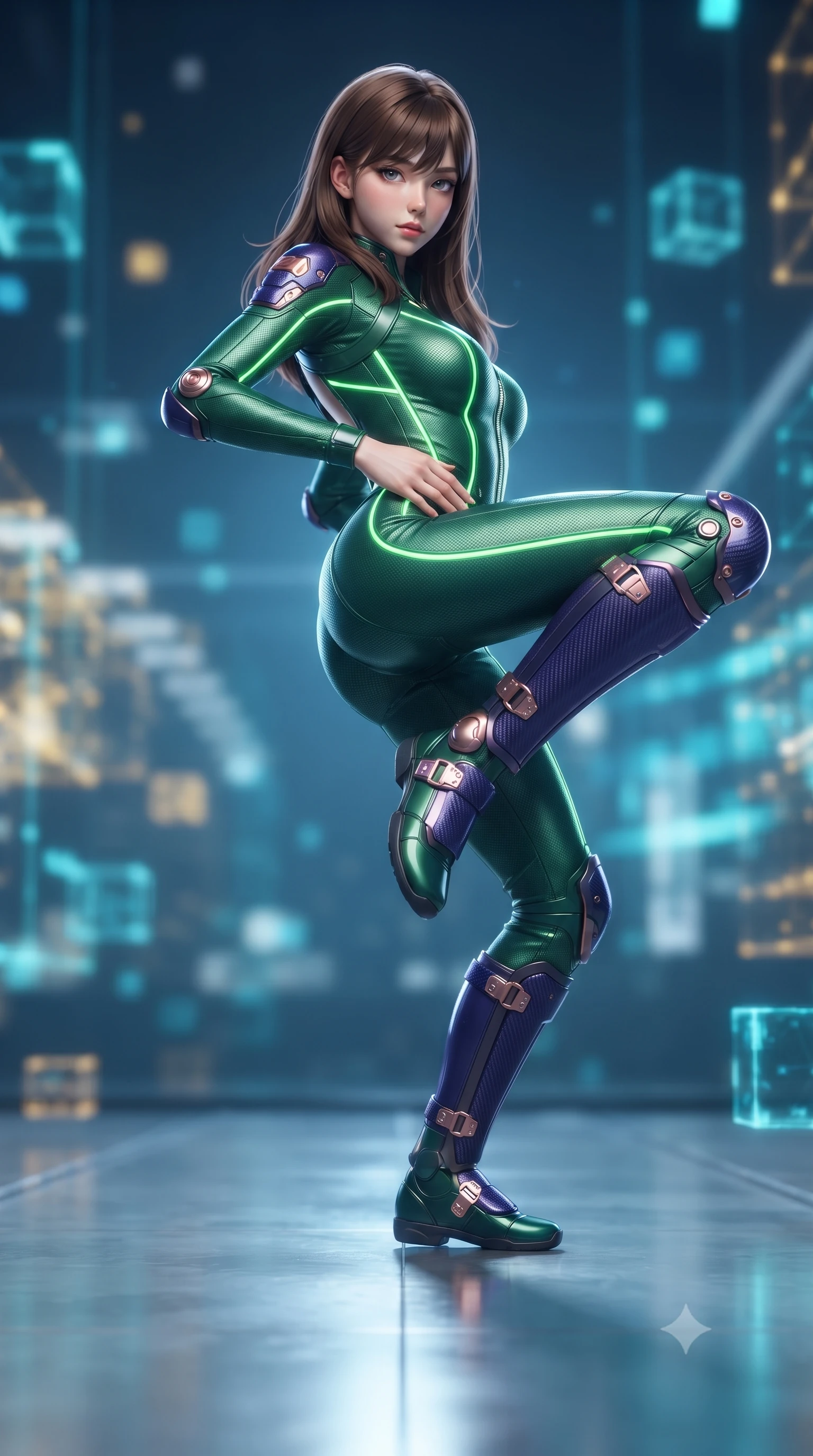 score_9, masterpiece, best quality, ultra-detailed, high-budget anime keyframe, editorial fashion photography, tasteful artistic composition, Korean woman. low angle full-body shot from head to toe showing her feet, filling the entire 9:16 vertical frame with her statuesque presence, stretching her vertical silhouette. pivoting dynamically in a high-speed low sweep kick along the reflective floor, her athletic torso and ultra-slim waist twisting in a fluid arc of power while resting one hand along her slender hip while gazing into the lens with an omniscient, dangerous martial smolder. The composition keeps background elements in soft focus with creamy bokeh. pulsing quantum grid lines and floating data cubes blurred into rich electric cyan, gold, and sapphire bokeh. She has an absolutely perfect, statuesque 8.5-heads proportion, an exceptionally tall and slender model-like female figure with impossibly long slender legs, a toned flat midriff, and an ultra-slim waist. sharp v-shaped jawline, high-bridge nose, intricate jewel-like eyes with depth, thick eyelashes, glossy lips with a natural sheen, flawlessly proportioned anatomical accuracy, strict slender model proportions, natural body alignment, perfectly sculpted long slender limbs, ultra-slim waistline, clean dynamic posture without body distortion. wearing a tailored emerald-green carbon-fiber tactical jumpsuit with glowing lime LED channels, open cowl back, and reinforced combat shin-guards in royal purple carbon fiber with rose-gold hardware and clasps, tailored from flexible second-skin carbon-mesh that clings flawlessly to her athletic curves, detailed with magnetic knuckle shock-absorbers and polished chrome articulation joints, the sleek second-skin cut tightly hugging her graceful clavicle, narrow waist, and feminine curves with athletic precision. bathed in glowing electric sapphire and cyan data stream illumination with rich ambient blue fill. ultra-reflective glossy finish, specular highlights, dark metallic sheen, high-contrast stereoscopic depth, volumetric dynamic lighting, 2k, ultra detail, master piece, 9:16 ratio
